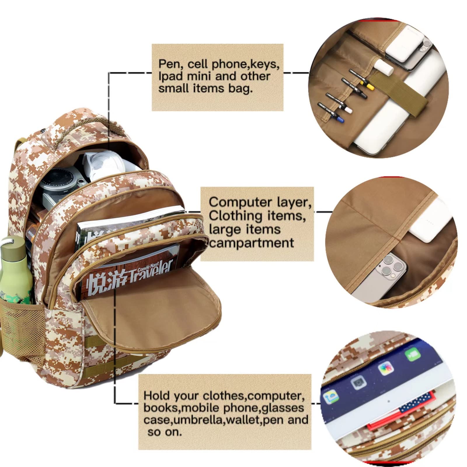 Military Camo Backpack for Boys & Men - 40L School Backpack with USB Charging Port - Durable Teen Backpack for Hiking, Travel & Daily Use