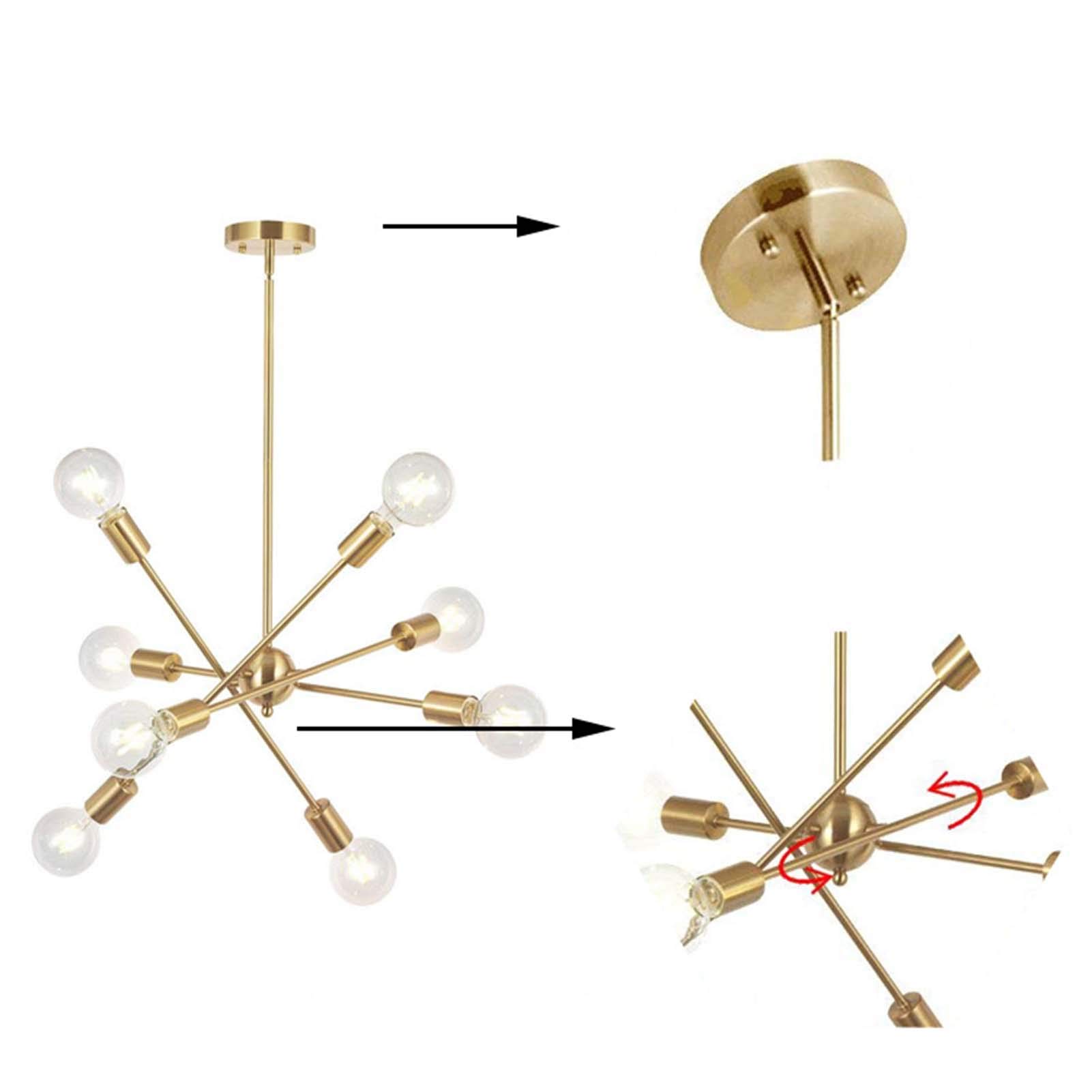 Vintage 6-Light Gold Industrial Sputnik Chandelier - Modern Metal Chrome Finish Ceiling Lamp for Dining Room, Kitchen Island, Bar & Living Room Lighting - Golden Finish