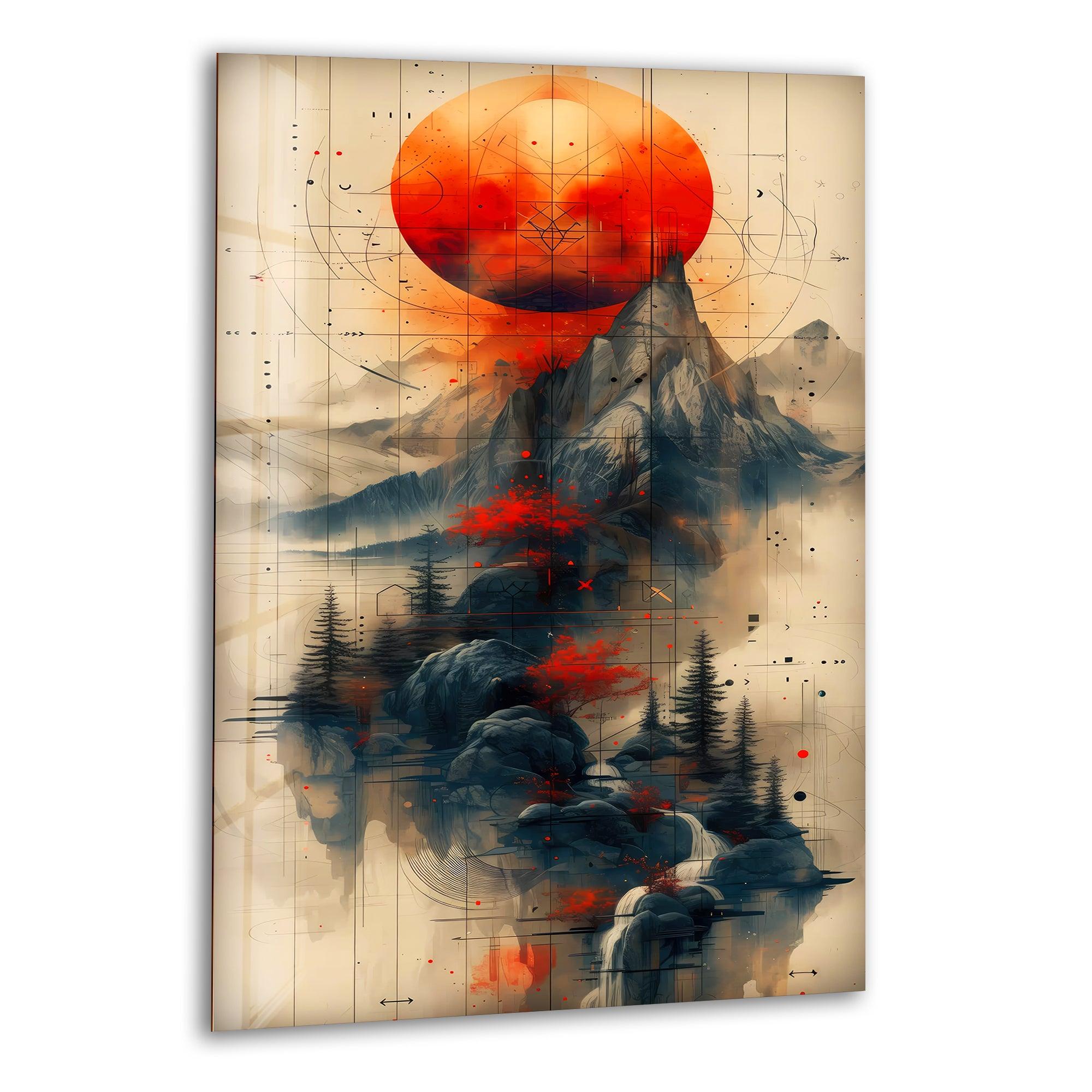 Abstract Mountain Glass Wall Art - Modern Red Sun Landscape Painting for Home & Office Decor | Perfect for Living Room, Bedroom, or Office Spaces