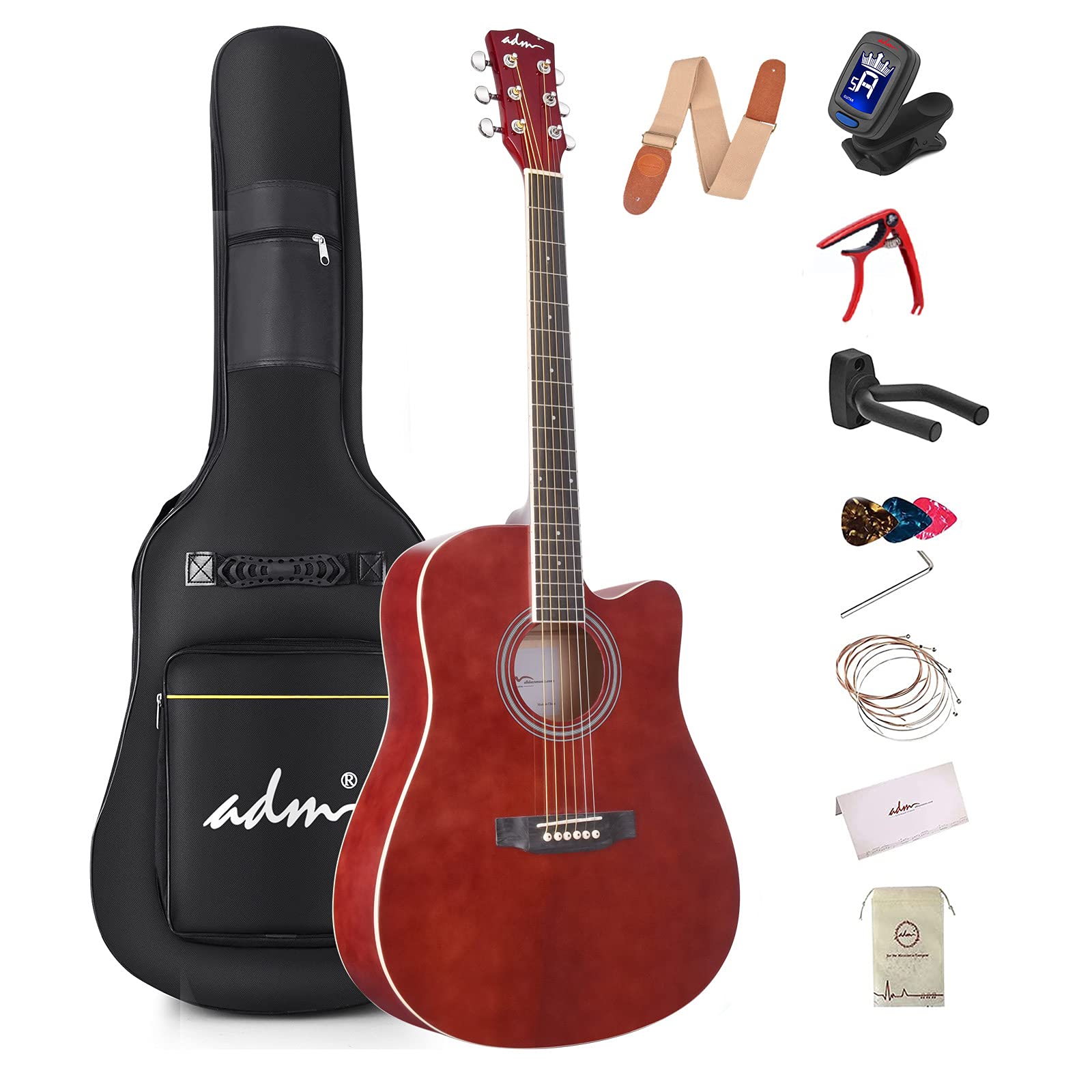 **ADM 41 Inch Acoustic Guitar for Beginners - Full Size Cutaway Guitar with Gig Bag, Tuner, Capo, Strap, Picks & Extra Strings - Ideal for Adults, Kids & Students - Perfect for Home Practice, Lessons & Live Performances (Red)**