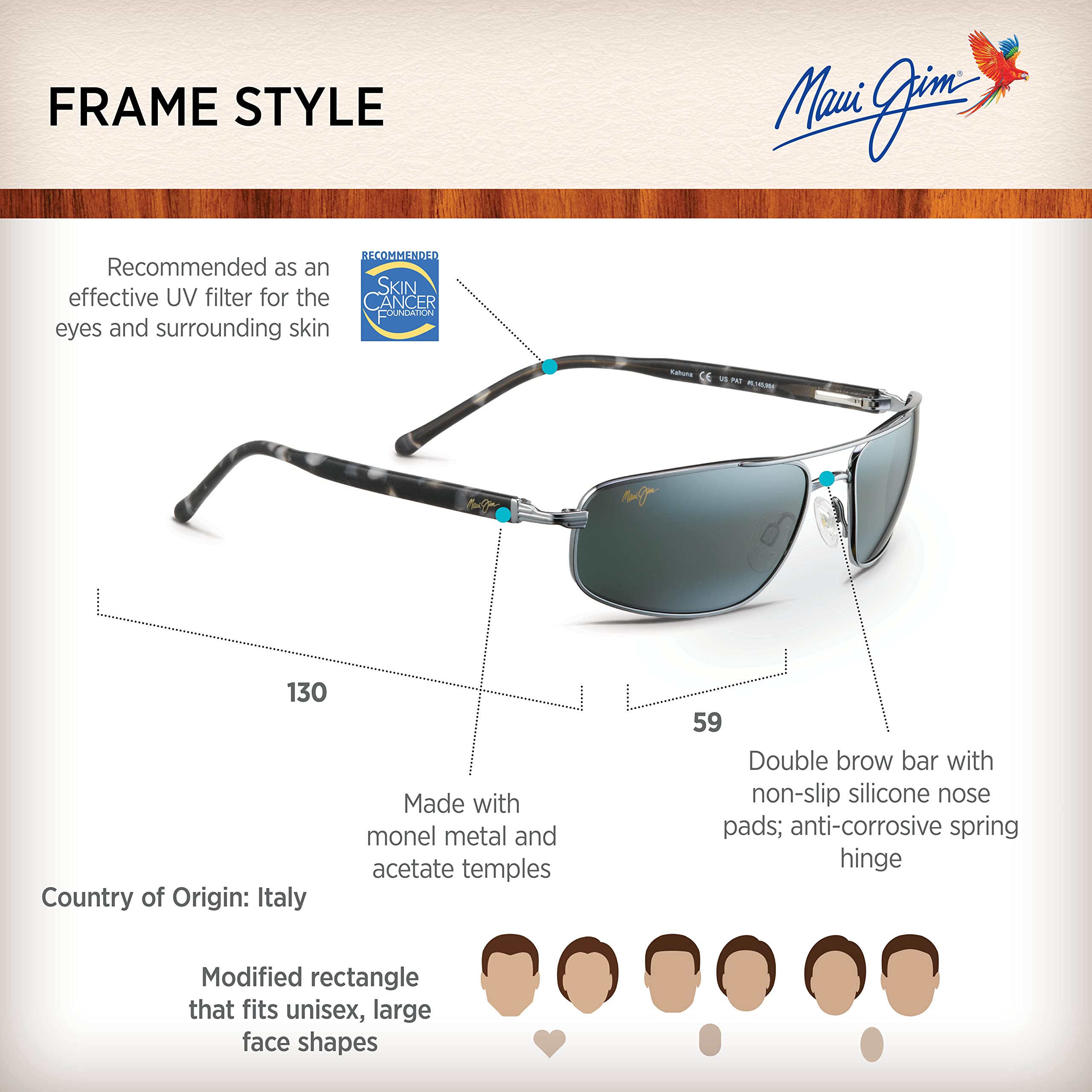 Maui Jim Kahuna Polarized Rectangular Sunglasses for Men - UV Protection, Lightweight & Stylish - Perfect for Driving, Beach & Outdoor Activities