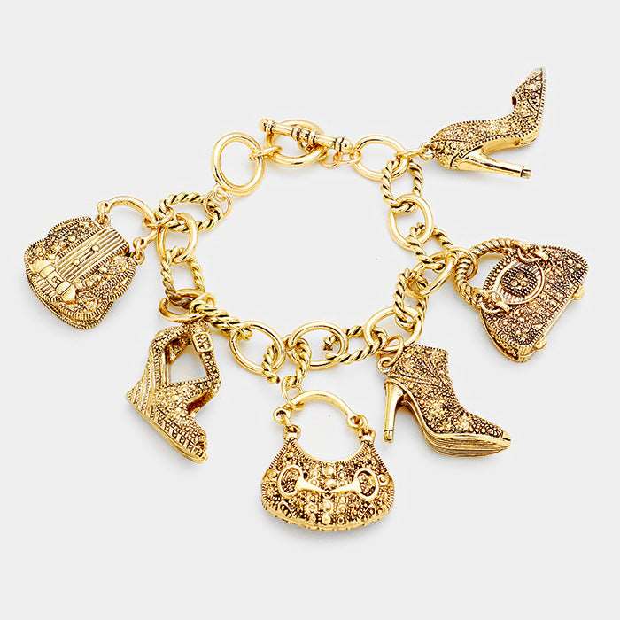 Vintage Gold Multi Handbag & High Heel Charm Bracelet for Women - Elegant Jewelry Gift for Fashion Lovers, Perfect for Parties & Date Nights