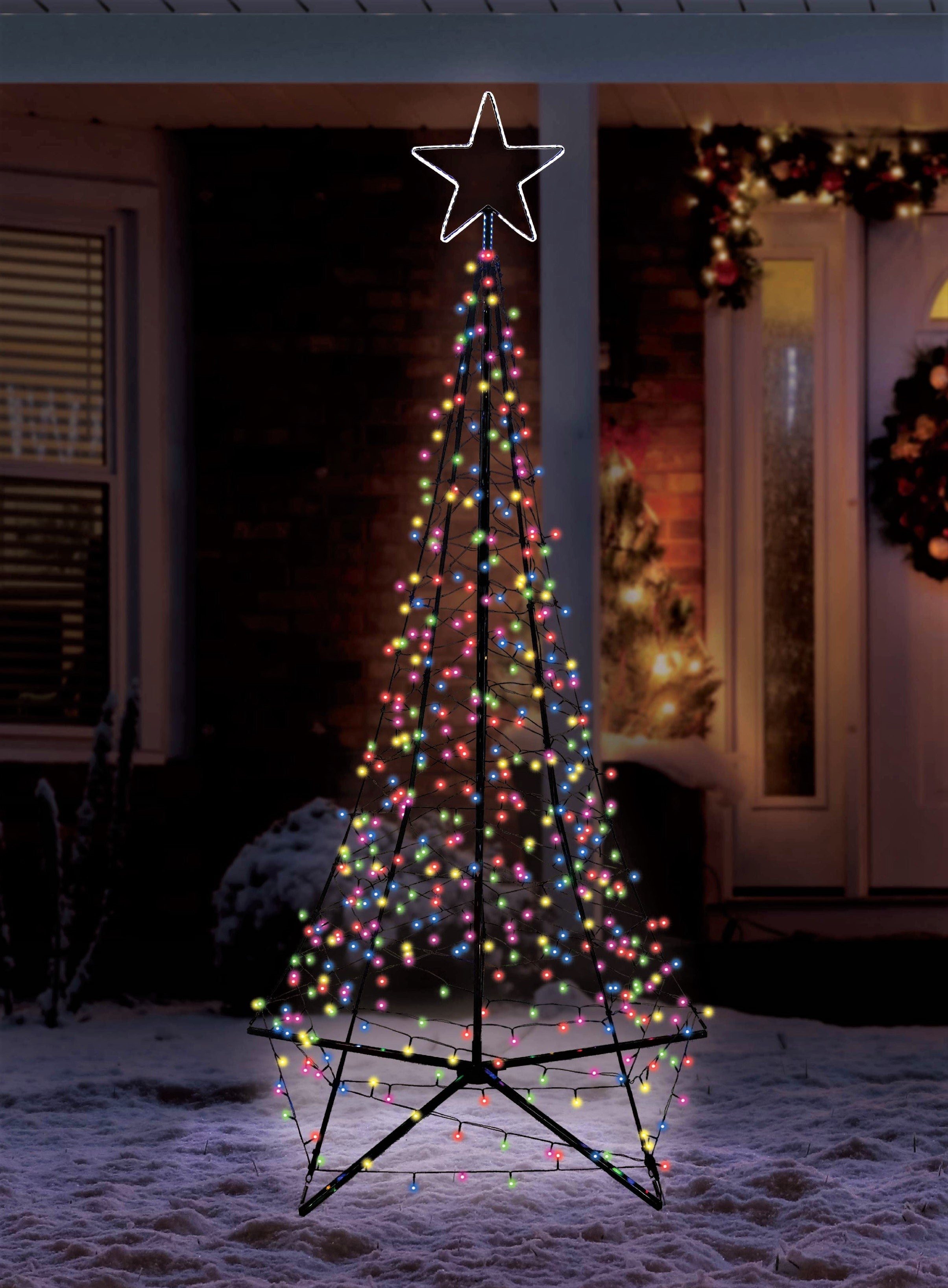 7' LED Spire Tree with Star - Outdoor Solar Powered Christmas Yard Decoration for Garden, Lawn, and Patio Holiday Lighting