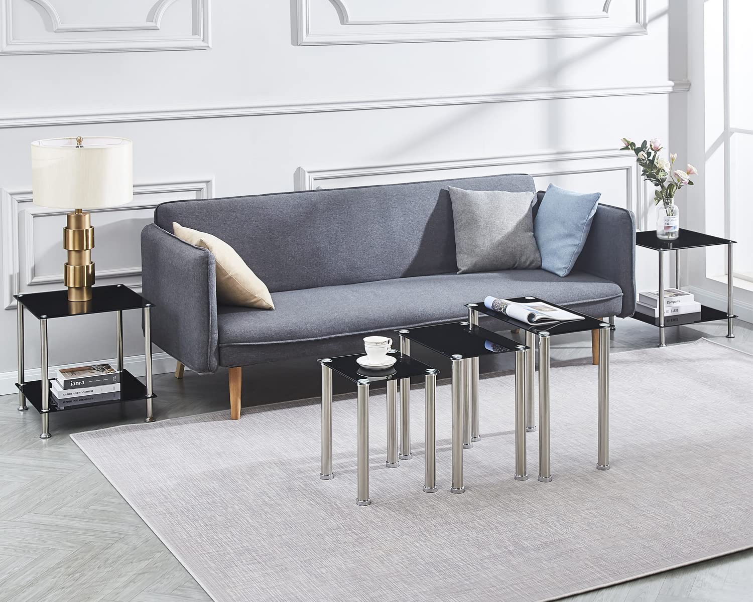 3-Piece Black Glass Nesting Coffee Table Set with Silver Legs - Stackable End Tables for Living Room, Sofa Side, and Small Space Decor - Tempered Glass Top for Durability & Style