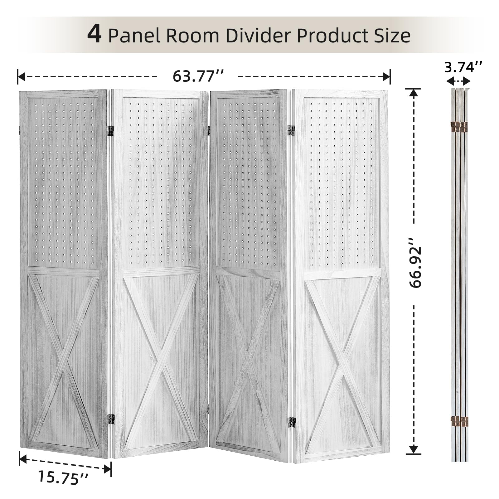 4 Panel Pegboard Room Divider - 5.6Ft Wooden Folding Privacy Screen & Display Organizer for Art, Jewelry, Craft Shows - Perfect for Home Office, Retail Displays, and Event Booths (White)