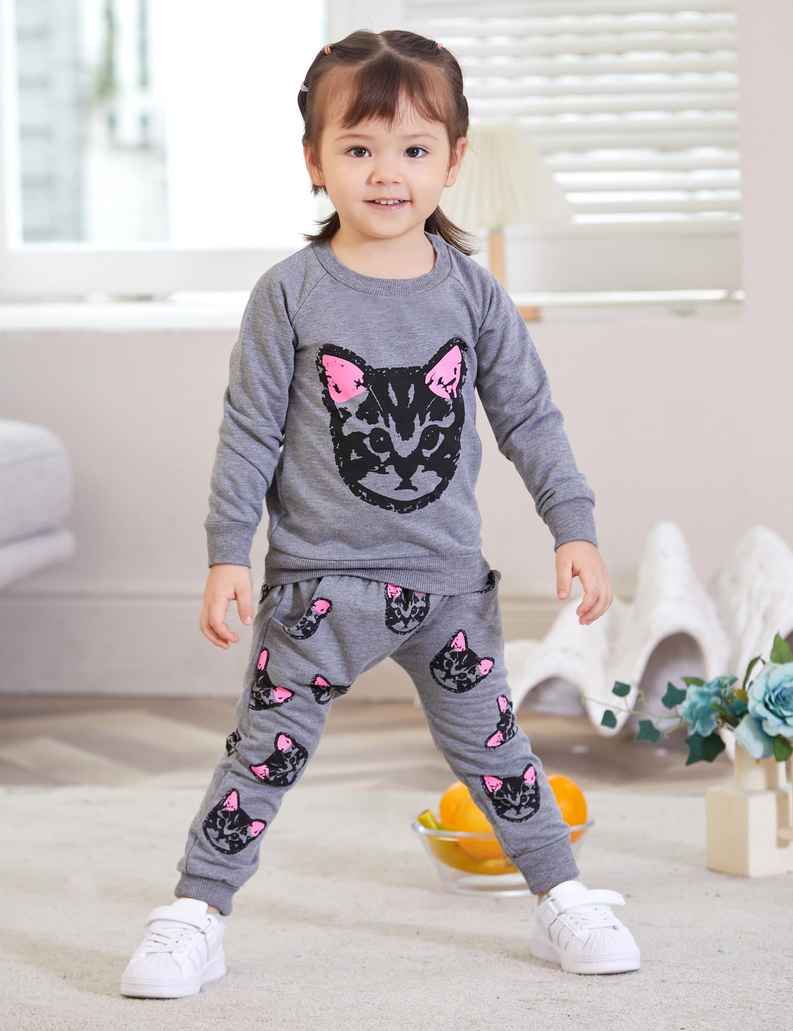 Puseky Cute Cat Sweatshirt & Pants Tracksuit Set for Toddler Girls - Soft Cotton Kids Outfit for Playdates, School & Casual Wear