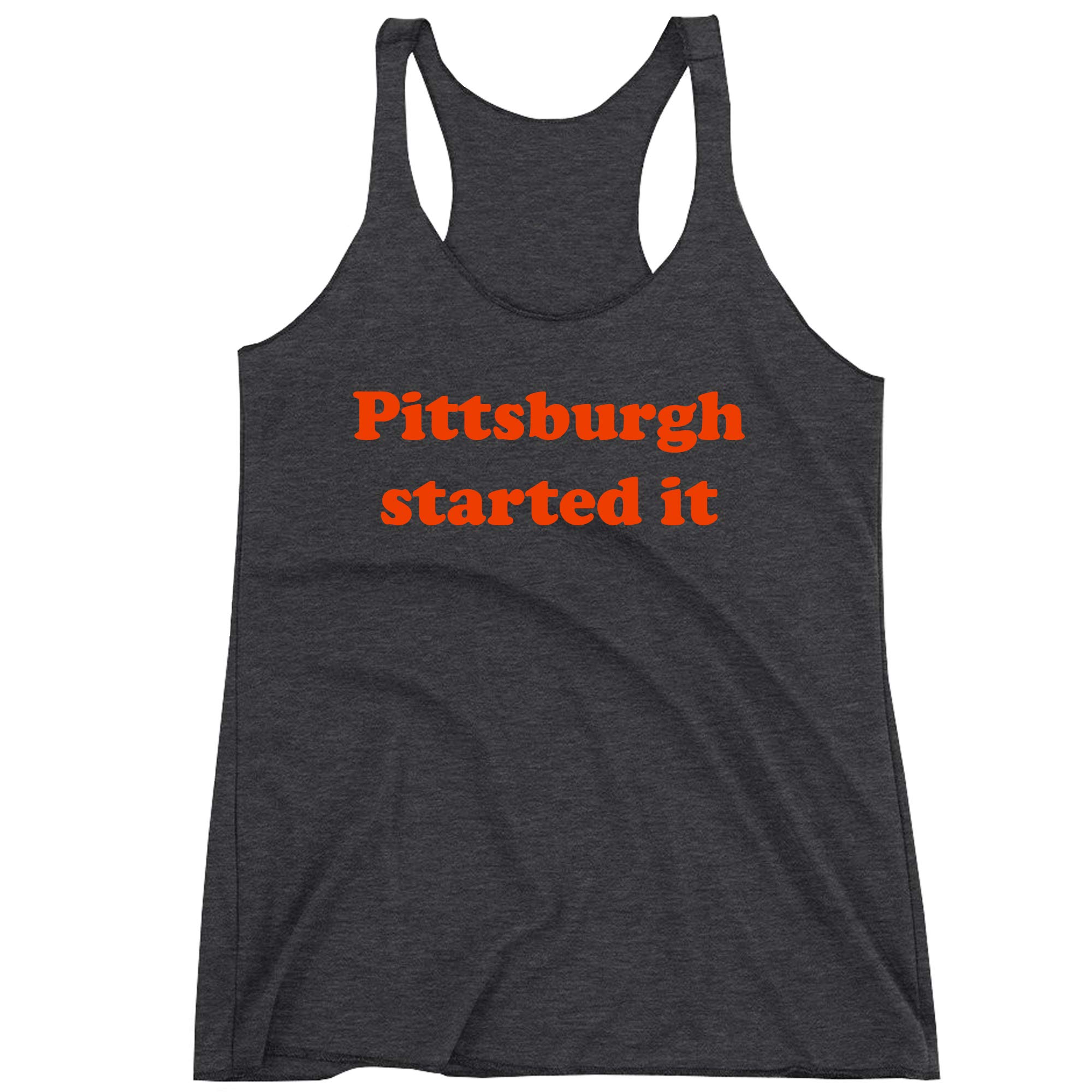FerociTees Women's Pittsburgh Started It Triblend Racerback Tank Top - Soft Vintage Style Workout & Casual Wear for Gym, Running, and Everyday Outfits