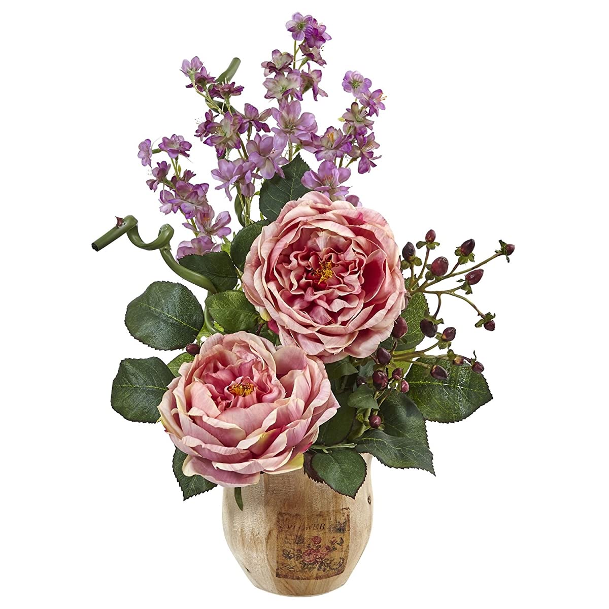 Large Rose & Dancing Daisy in Wooden Pot - Pink Artificial Flowers for Home Decor, Wedding Centerpieces, and Office Desk Decorations
