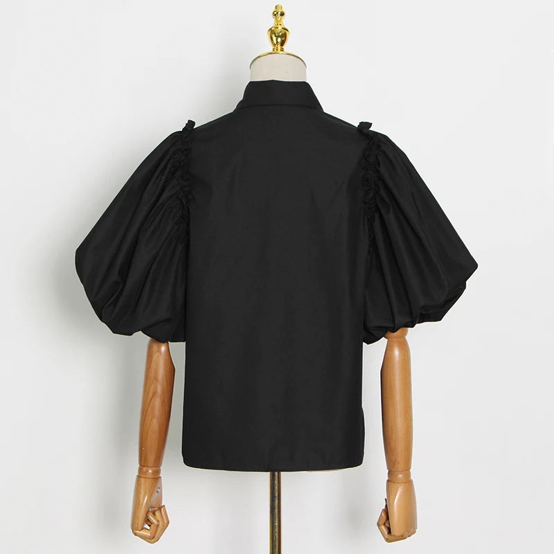 Stylish Black Casual Shirt for Women - Lapel Lantern Sleeve Patchwork Diamond Design Blouse | Perfect for Office, Dating & Everyday Wear