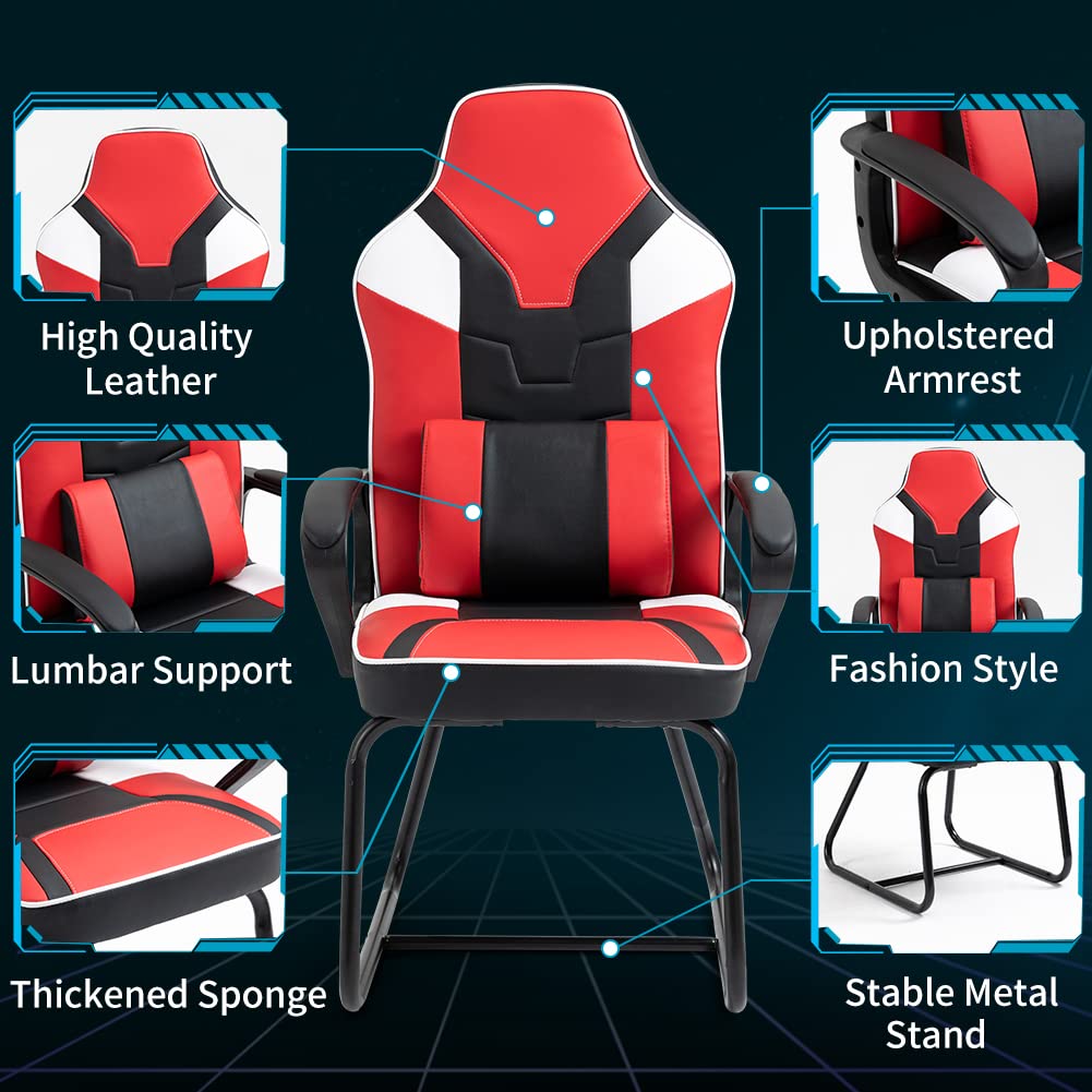 Ergonomic No-Wheels Office Chair with Arms - Sturdy Guest Chair for Home, Office & Gaming - Comfortable Desk Chair in Red for Workspace & Study
