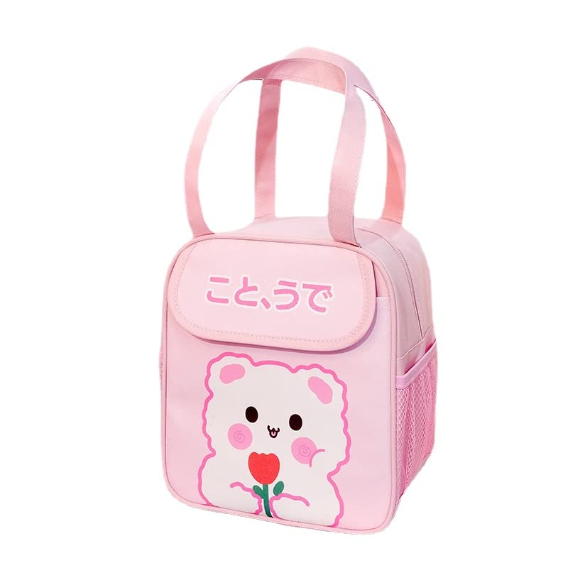 Orvila Kawaii Insulated Lunch Bag - Cute Cartoon Bento Box Thermal Cooler Tote with Pockets & Durable Handles, Japanese Style Reusable Lunch Carrier for School, Work, Picnics & Outdoor Activities (Pink)