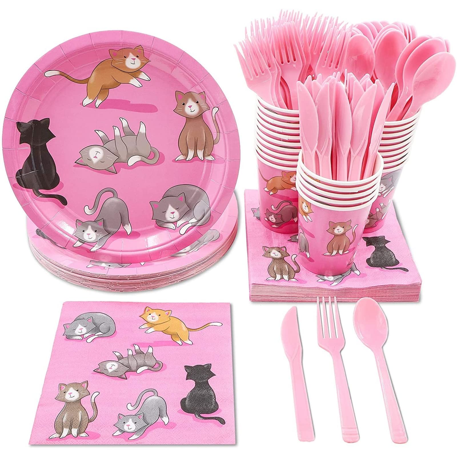 Cat Birthday Party Supplies Set - 144 Pieces (24 Servings) with Paper Plates, Napkins, Cups & Plastic Cutlery - Perfect for Kitty Themed Birthday Celebrations & Pet Lover Gatherings