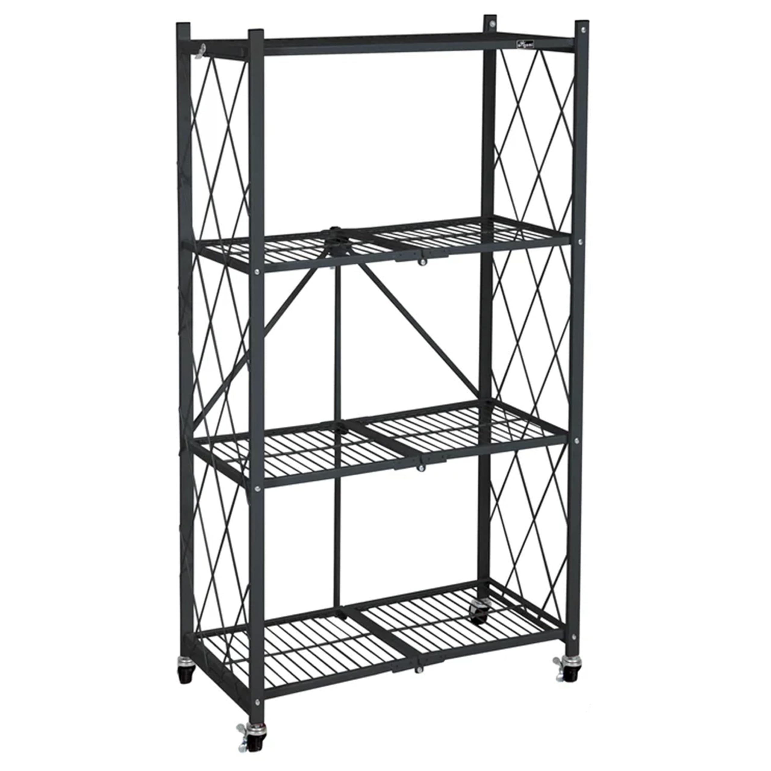 4-Tier Folding Storage Shelf Organizer with Wheels - Space Saving Origami Design for Kitchen, Garage, Pantry & Closet Organization - Heavy Duty Black Metal Shelving Unit for Home Storage Needs