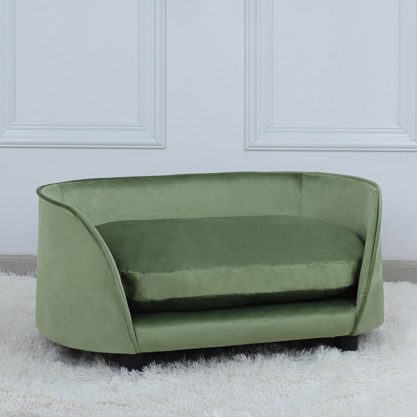 Premium Pet Sofa Bed for Small Dogs & Cats - Wooden Frame Velvet Washable Cushion - Cozy Dog Couch & Cat Bed for Living Room, Bedroom & Office (Green)