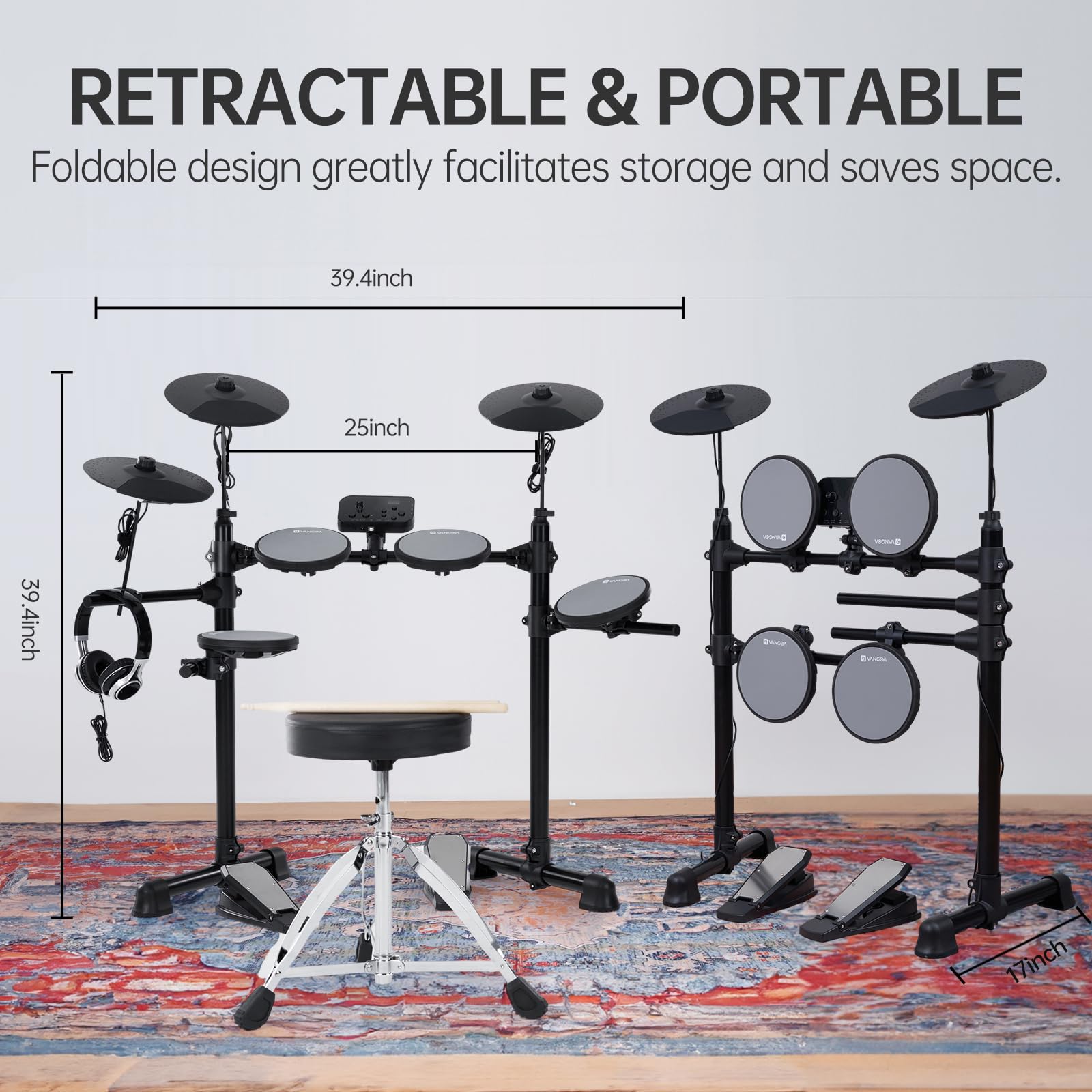 Vangoa 8-Piece Electronic Drum Set for Adults & Beginners - Quiet Drum Pads, 2 Cymbals, 150 Sounds, Headphone Jack & Lightweight Pedals - Perfect for Home Practice, Studio Recording & Music Learning (Gray)