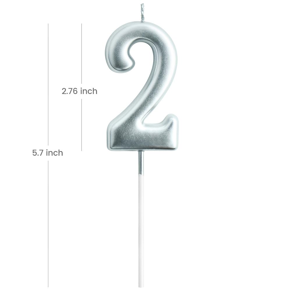 2nd Birthday Candle - Large 2.76 Inch Silver Number 2 Candle for Cake Decorations | Perfect for Birthday Parties, Anniversaries & Special Celebrations | Ideal for Kids' 2nd Birthday Cakes, Wedding Anniversaries & Milestone Celebrations