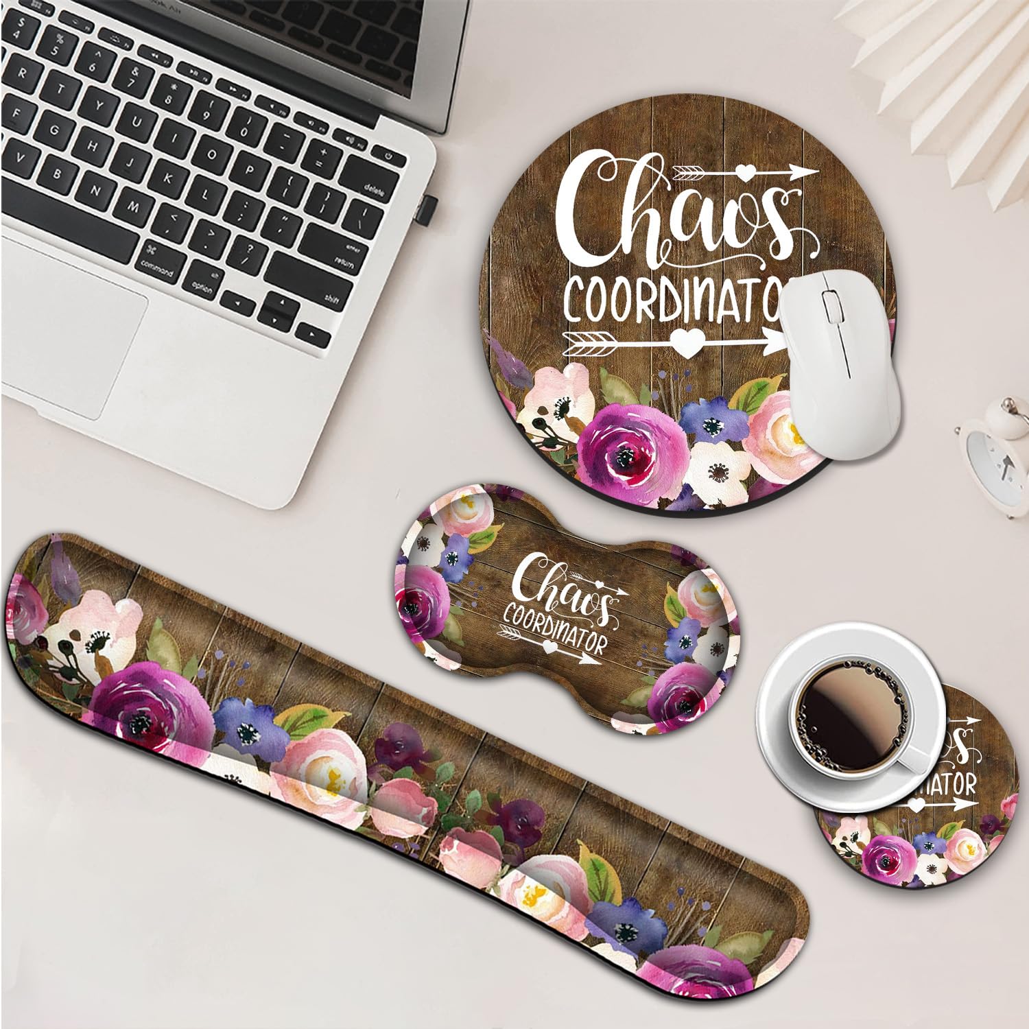 Ergonomic Mouse Pad with Wrist Rest - Vintage Watercolor Floral Design Office Desk Accessory for Women, Chaos Coordinator Quote Keyboard Wrist Support Pad for Pain Relief & Comfort - Perfect for Home Office, Gaming Setup & Computer Workstations