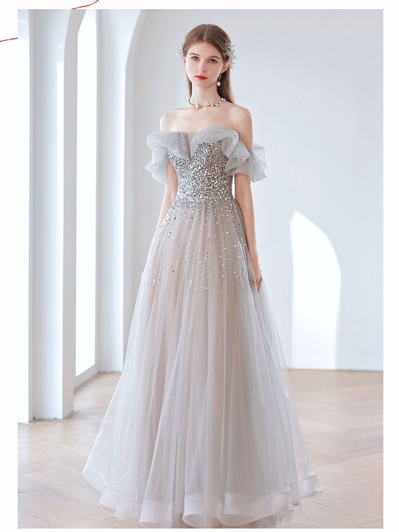 Elegant Off Shoulder Gray Sequins Long Prom Dress - A-Line Tulle Formal Evening Gown for Women | Perfect for Homecoming, Ball, Wedding & Special Occasions