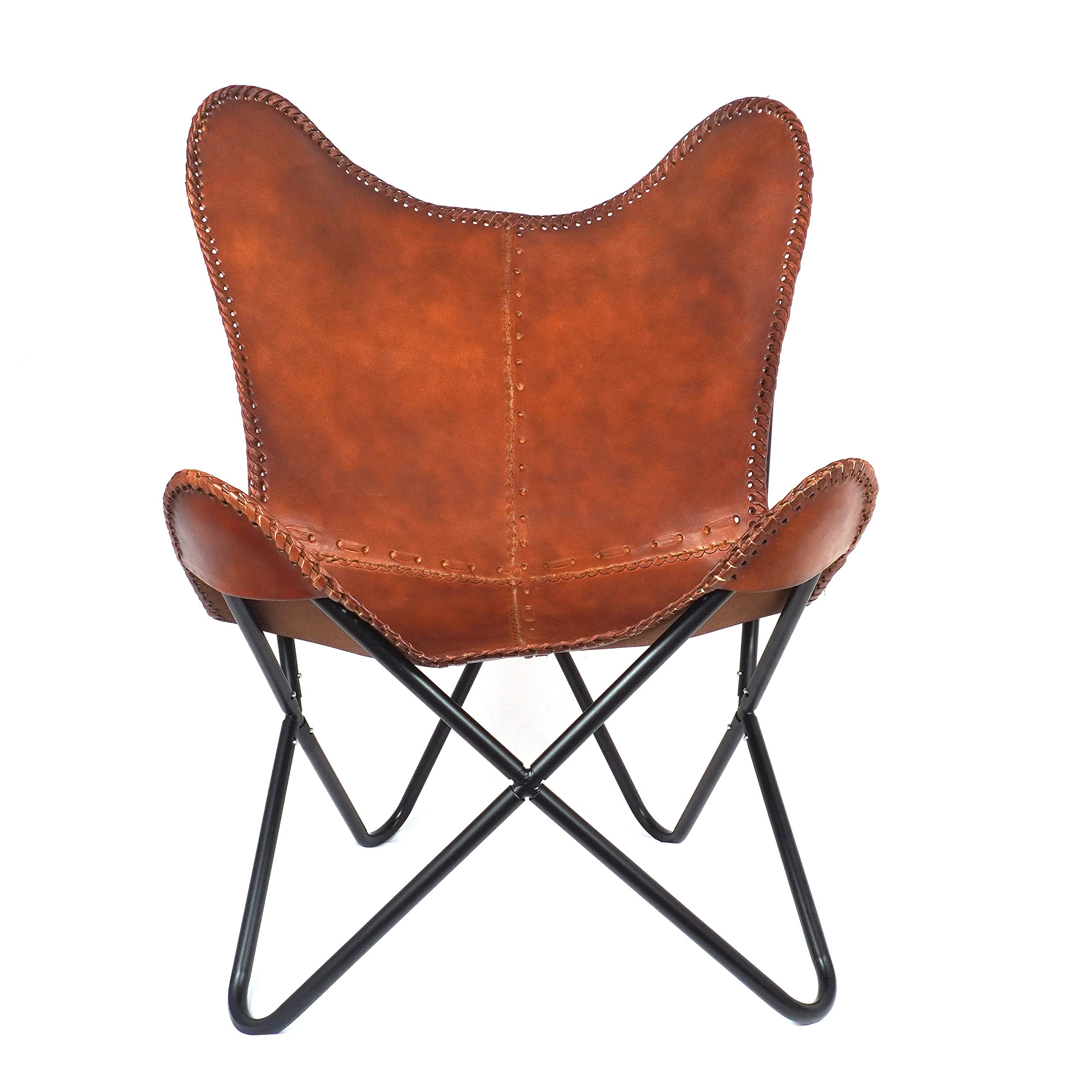 Hand-Stitched Brown Leather Accent Chair with Black Iron Frame - Boho Style Side Chair for Living Room, Bedroom & Office - Perfect for Reading Nook, Lounge Area or Home Decor