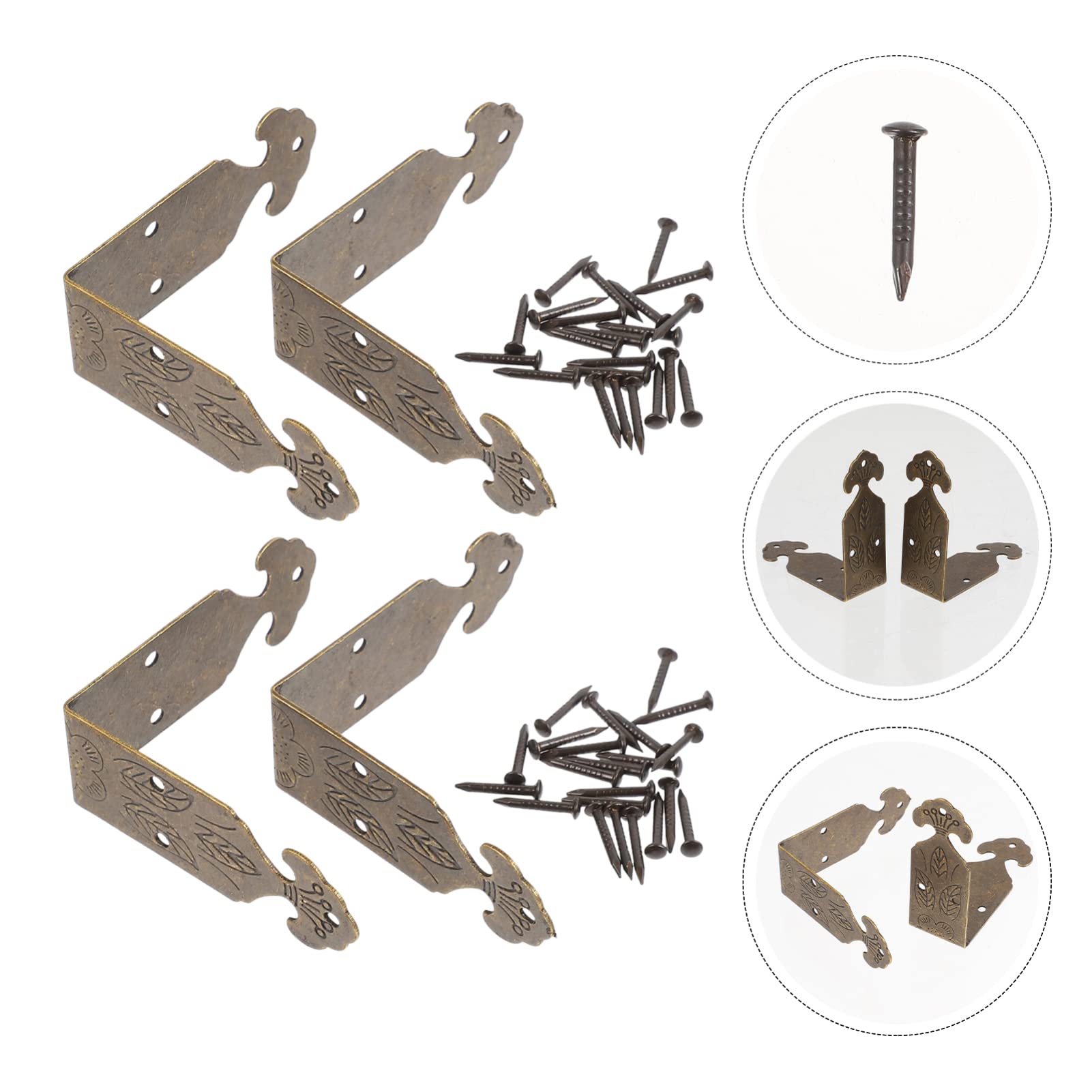 EXCEART 4 Sets Bronze Box Corner Protectors with Mini Hinges & Matching Screws - Jewelry Box Repair & Decorative Hardware for Wooden Chests, Cabinets & DIY Craft Projects