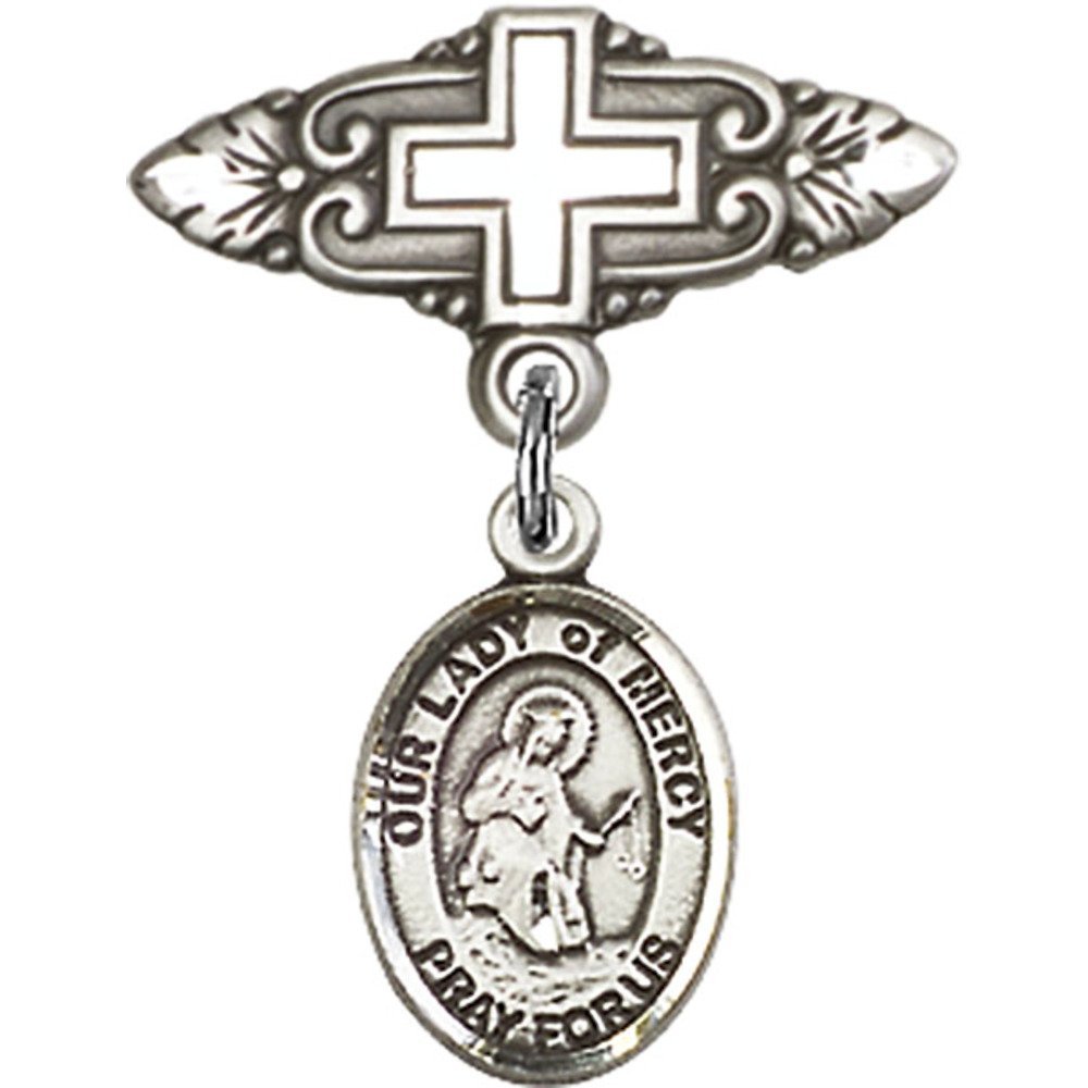 Sterling Silver Baby Badge with Our Lady of Mercy Charm - Religious Cross Pin (1