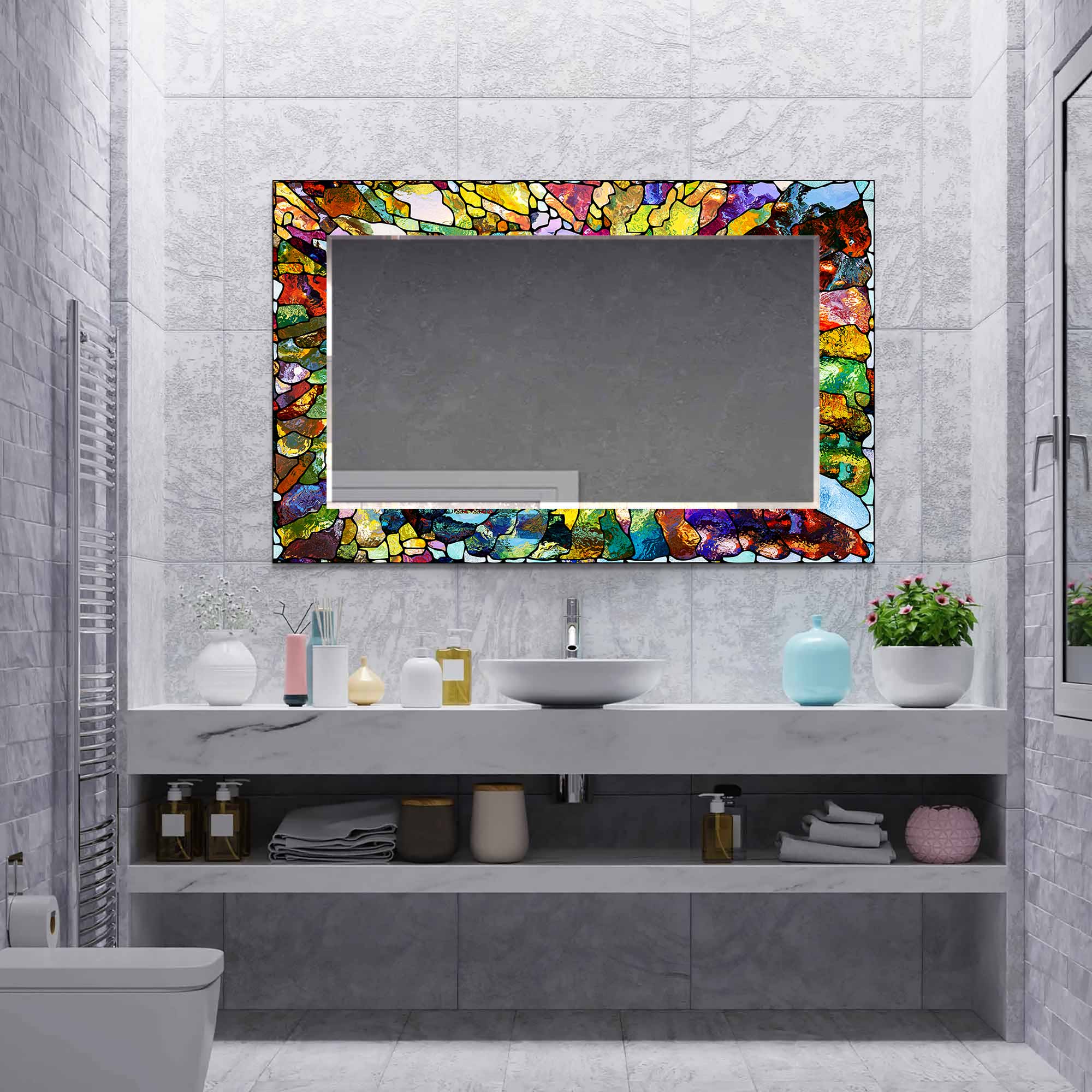 Vibrant Stained Glass Effect Tempered Mirror - Shatterproof Decorative Wall Mirror for Home Decor, Bathroom, Living Room & Bedroom