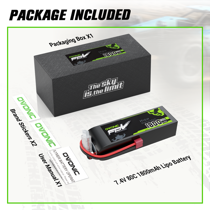 OVONIC 7.4V 80C 1800mAh 2S LiPo Battery with T Plug - High Performance RC Battery for FPV Drones, Quadcopters and Fixed Wing Aircraft - Perfect for Racing, Aerial Photography and Long Flight Time