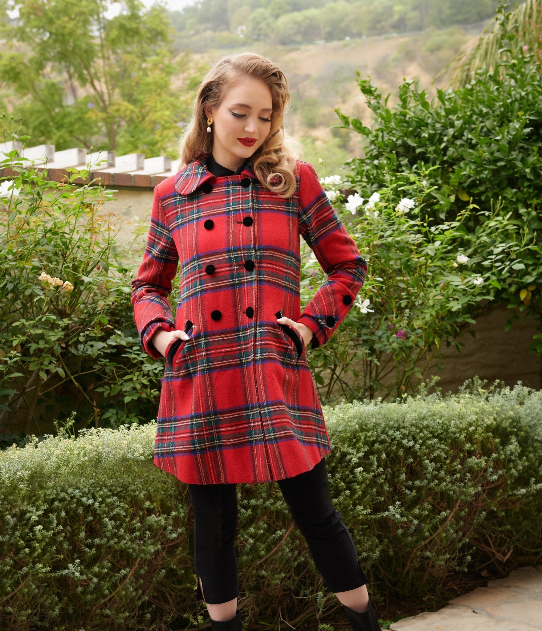 Vintage 1960s Red Plaid Wool Peacoat Coat - Retro Winter Outerwear for Women | Perfect for Holiday Parties & Cold Weather Fashion
