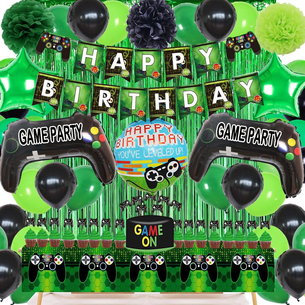 Video Game Themed Party Decorations Set - Happy Birthday Banner, Balloons, Tablecloth, Foil Curtain & Cake Toppers for Boys & Family Celebrations | Perfect for Gaming Birthday Parties, Kids Events & Family Gatherings