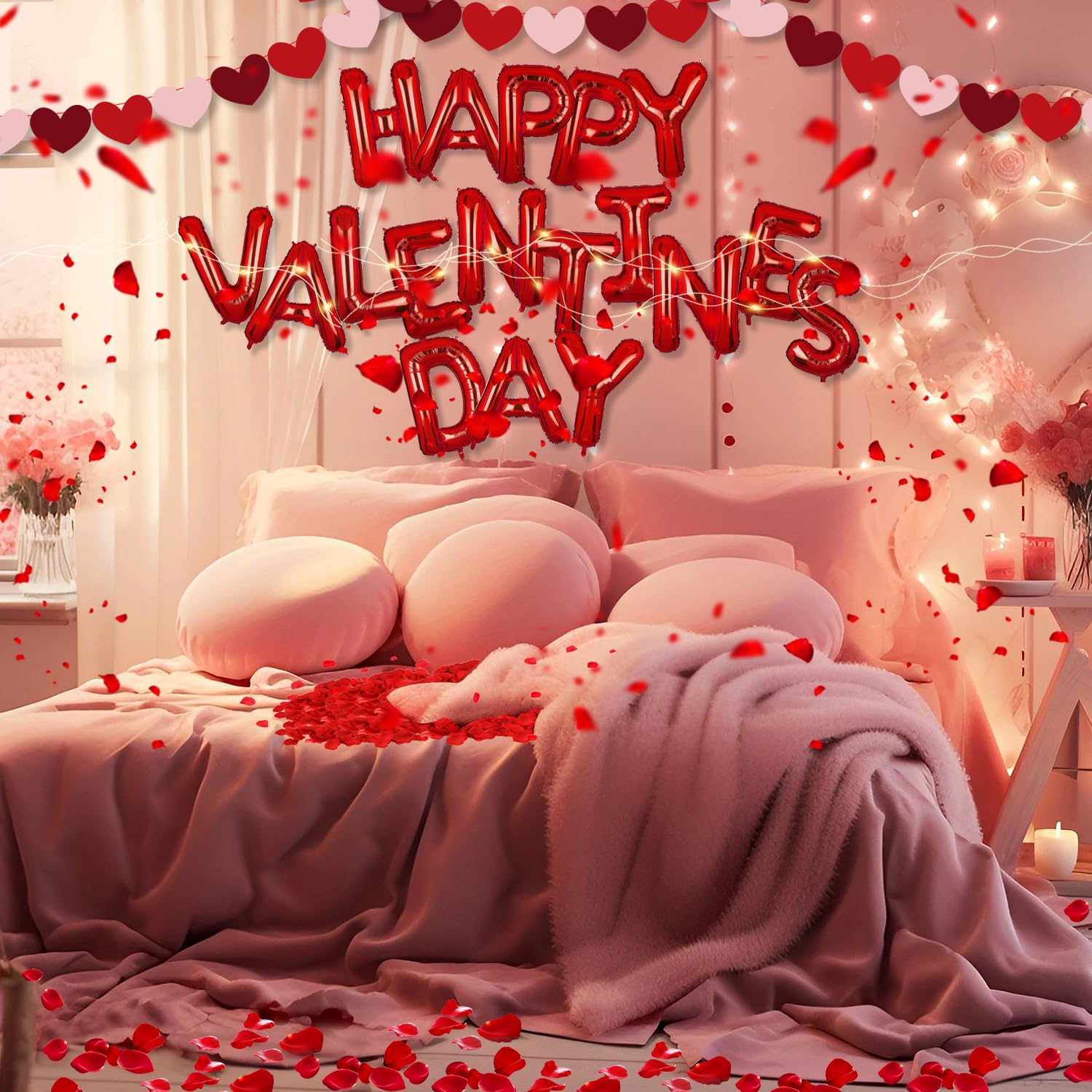 Valentine's Day Balloons & Party Decorations Set - Happy Valentine's Day Balloons, Heart Banner, Rose Petals & String Lights for Wedding & Romantic Celebrations | Perfect for Valentine's Party, Anniversary & Proposal Decor
