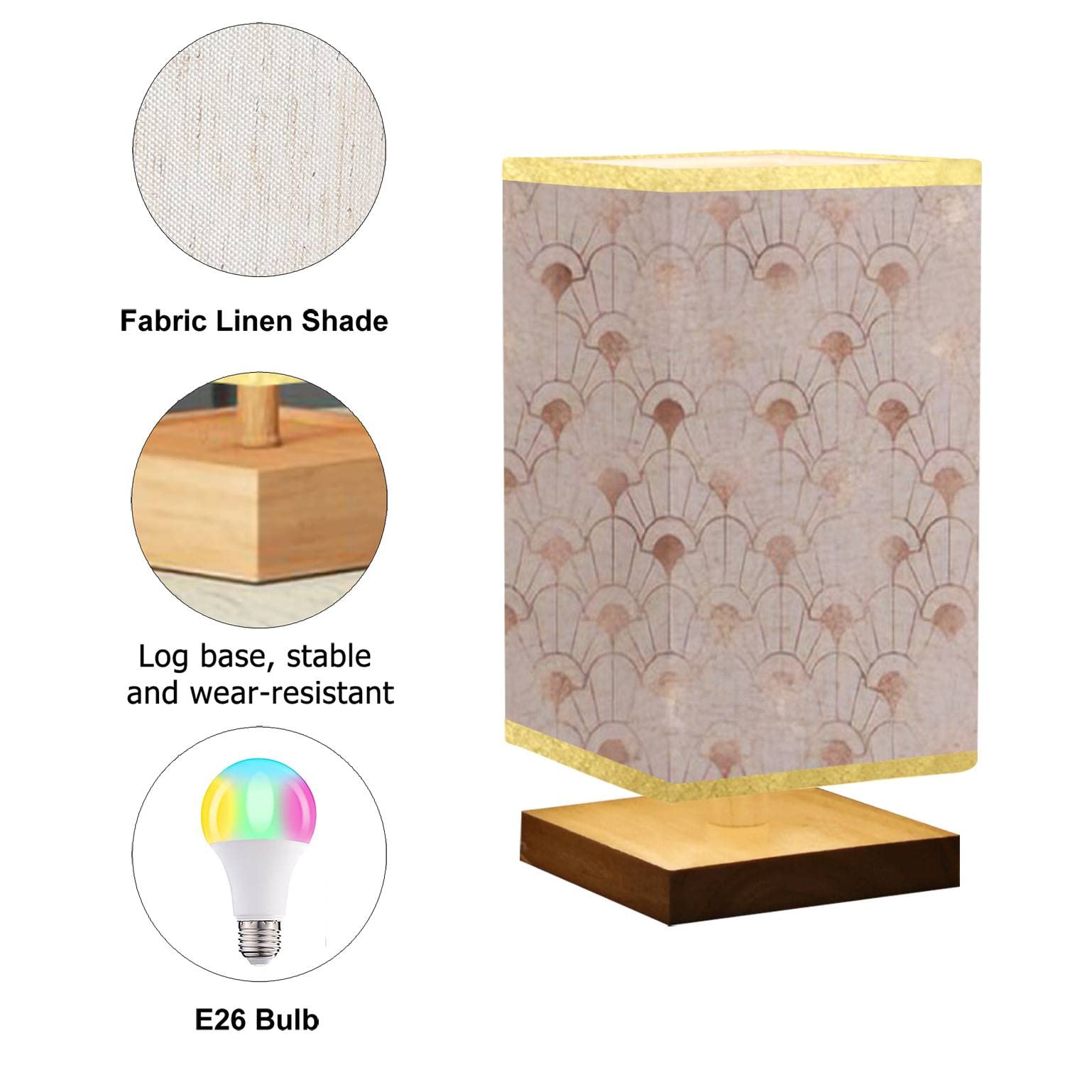 Art Deco Square Bedside Table Lamp with Rose Gold Floral Accents - Wooden Base & Flaxen Fabric Shade, Dimmable Nightstand Light for Bedroom, Living Room, Office - Perfect for Reading, Relaxation & Ambient Lighting
