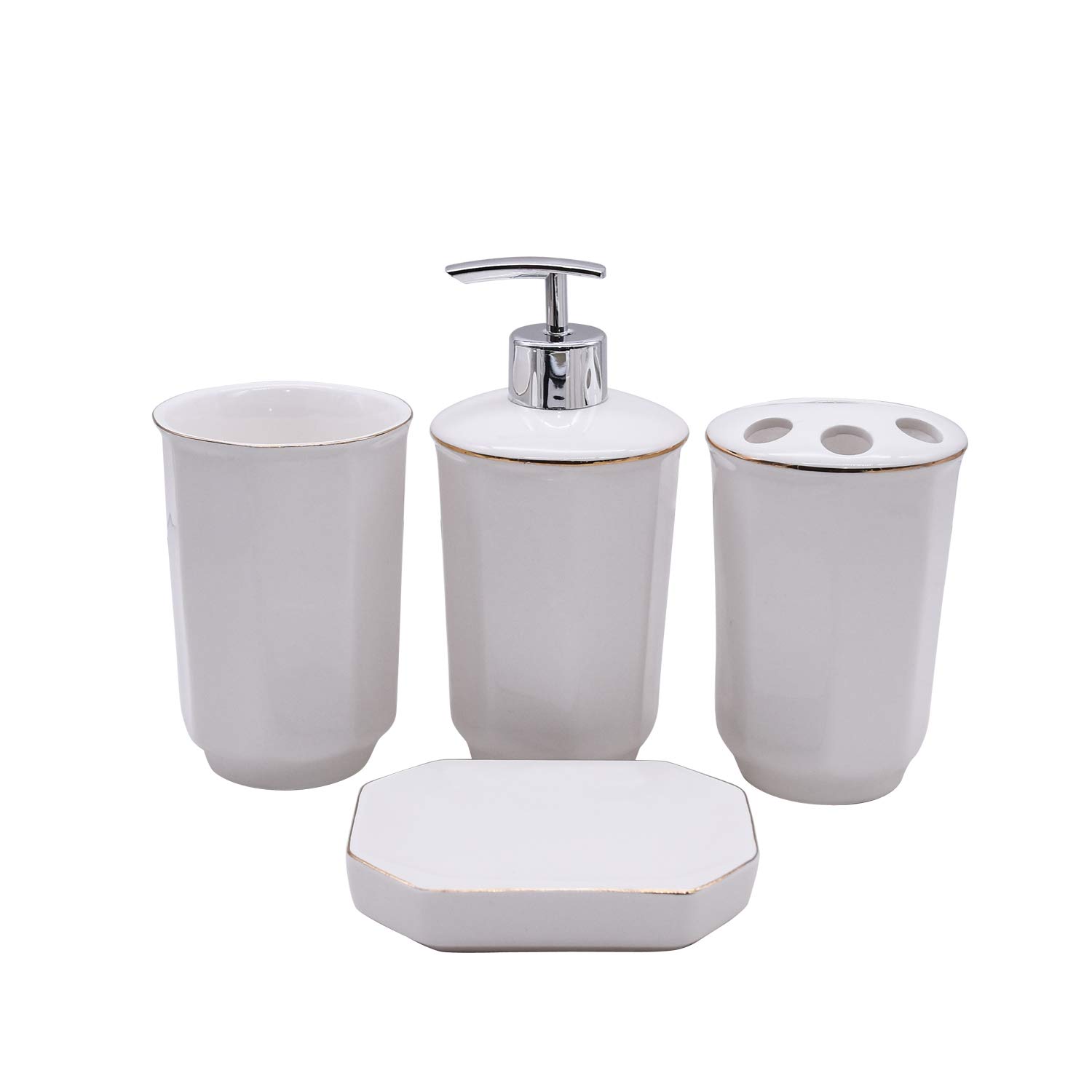 Premium 4-Piece Ceramic Bathroom Accessories Set with Gold Trim - Includes Soap Dispenser with Silver Pump, Toothbrush Holder, Tumbler & Soap Dish | Modern White Bathroom Decor for Home, Hotel & Spa Use