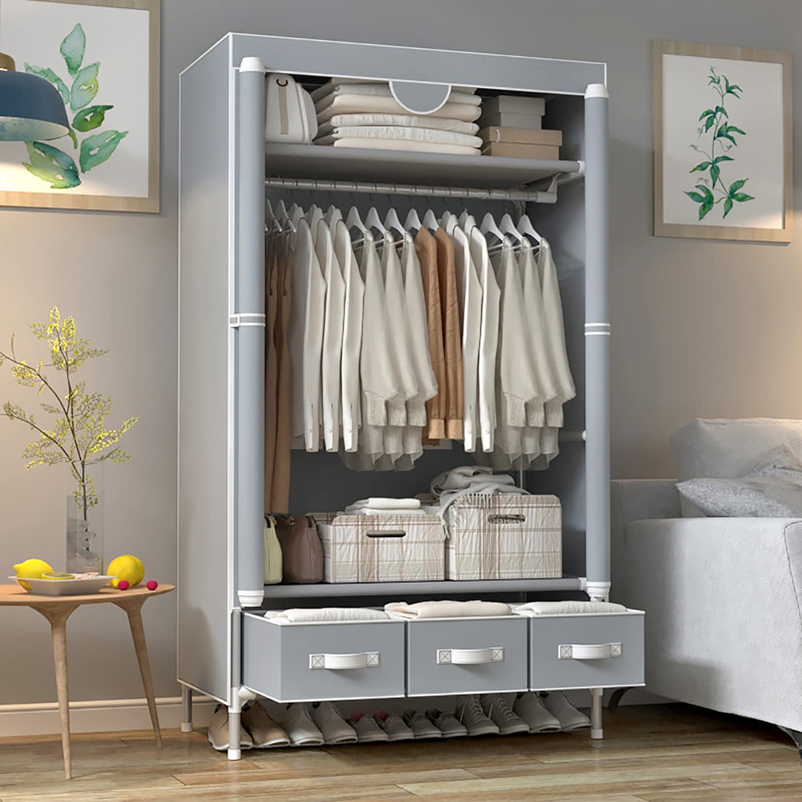 Portable Rolling Wardrobe Closet with Hanging Rack & 3 Drawers - Non-Woven Fabric Storage Organizer for Clothes, No-Tool Assembly, 35.4