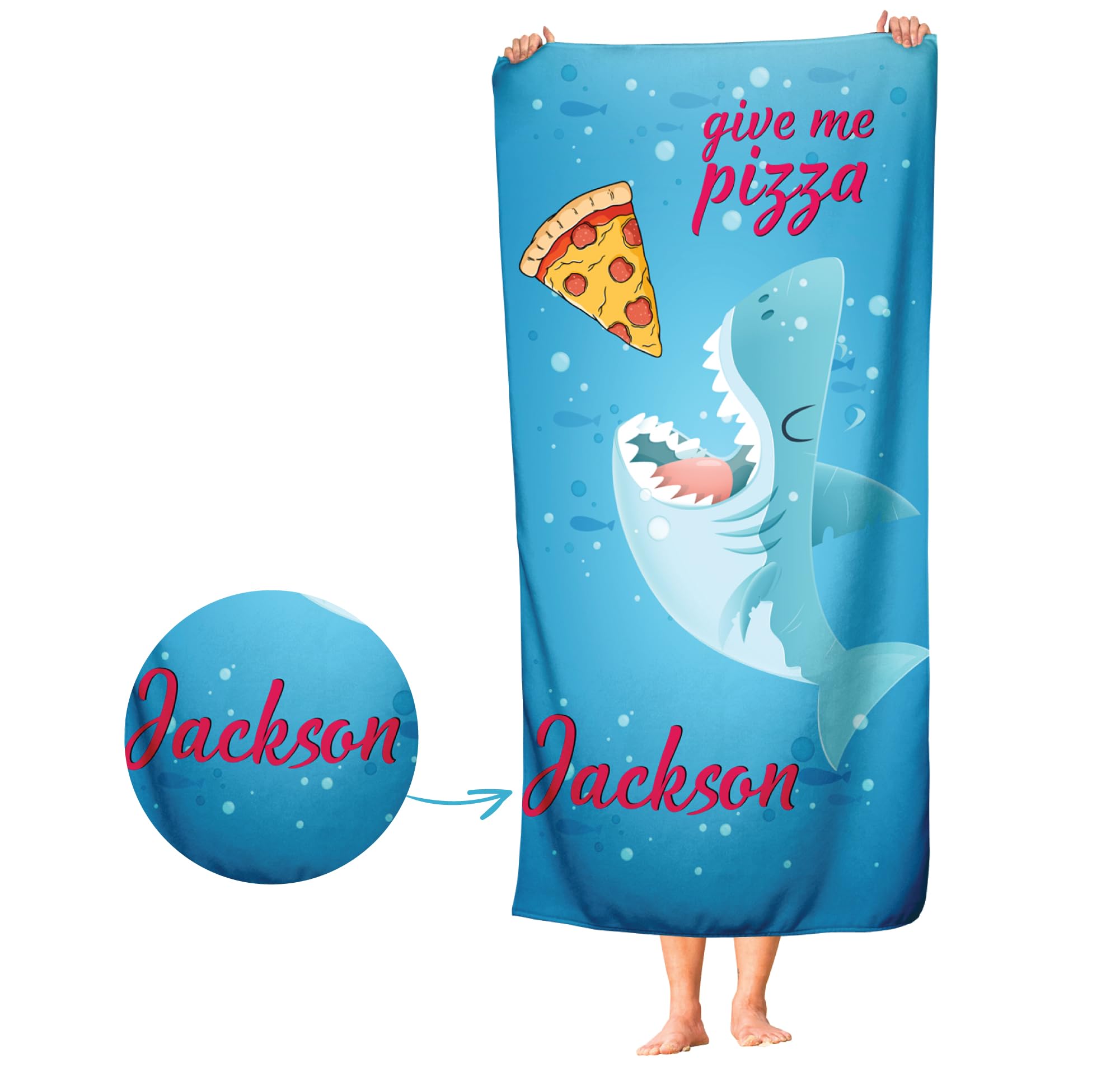 Custom Shark Beach Towel with Name - Personalized Pool & Bath Towel for Kids - Funny Shark Themed Gift for Beach, Swimming & Outdoor Activities