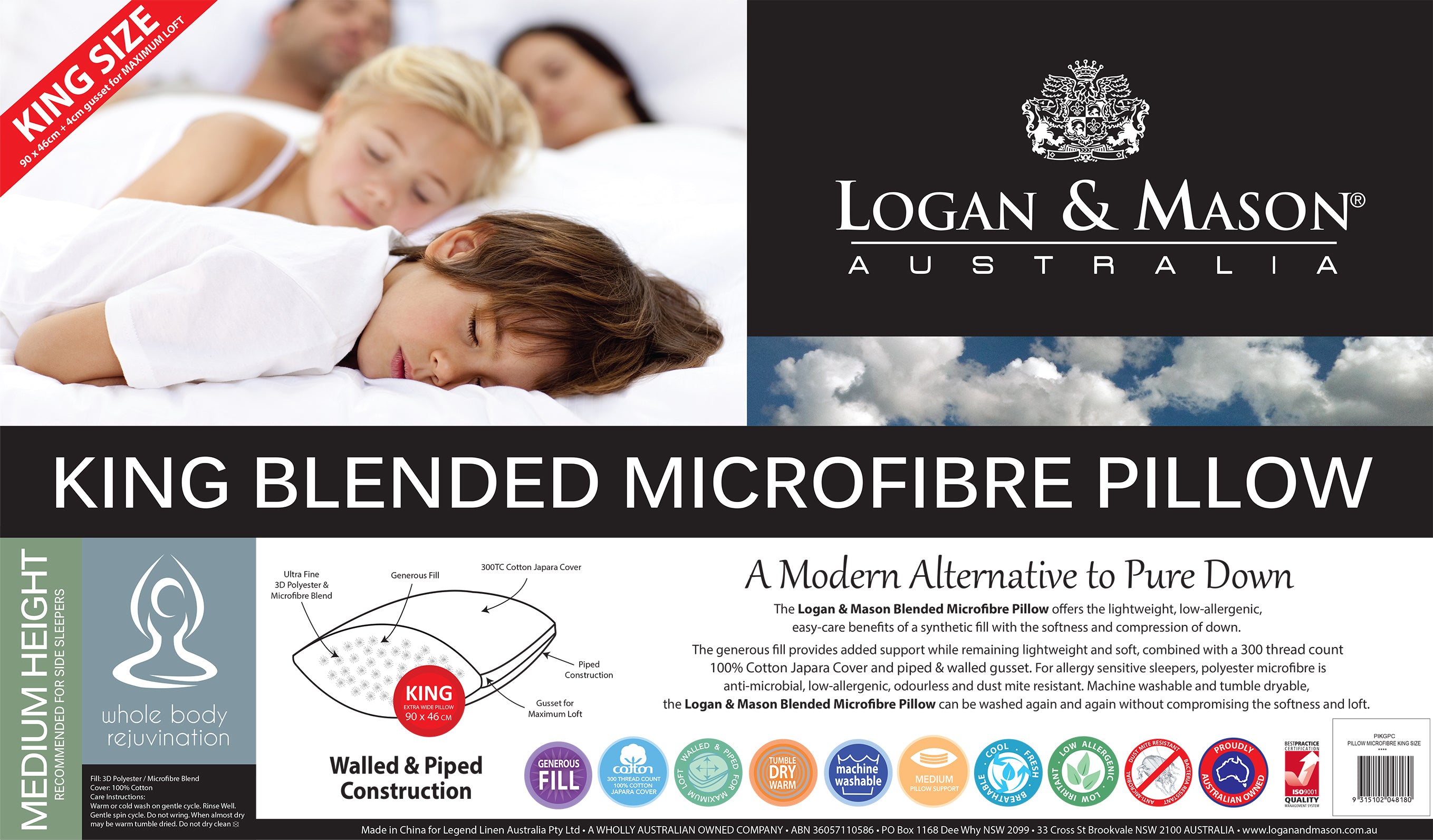 KING Blended Microfiber Pillow by Logan & Mason - Ultra Soft Hypoallergenic Bed Pillow for Side, Back & Stomach Sleepers - Perfect for Home, Hotel & Travel Use