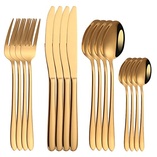 16/24/30PCS Stainless Steel Silverware Flatware Set - Golden Spoon Fork Knife Cutlery for Outdoor Travel, Picnic, Camping & Home Dining (16pcs)