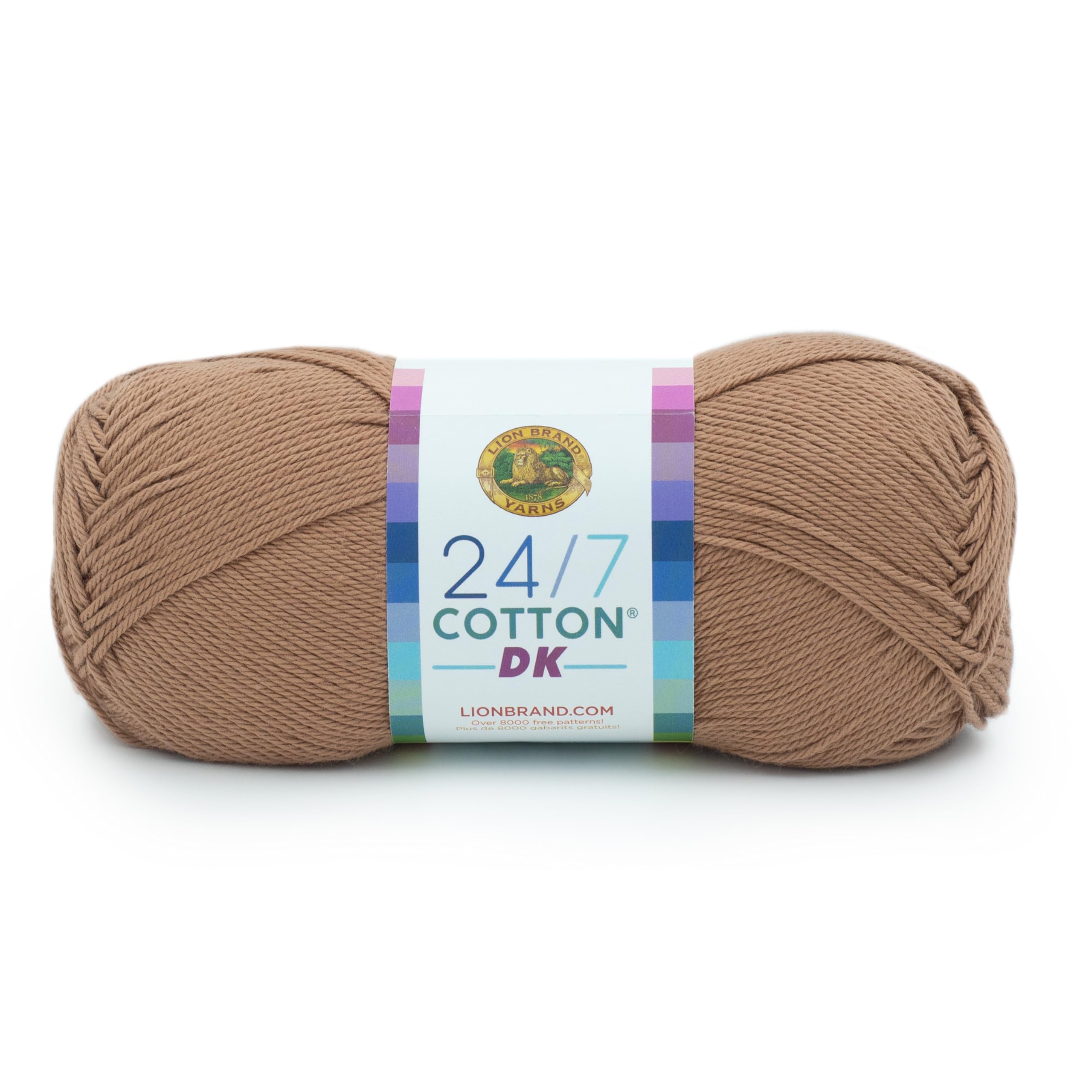 Lion Brand Yarn 24/7 Cotton DK Yarn - Soft & Durable Cacao Brown Yarn for Knitting & Crocheting - Perfect for Baby Blankets, Scarves & Home Decor Projects