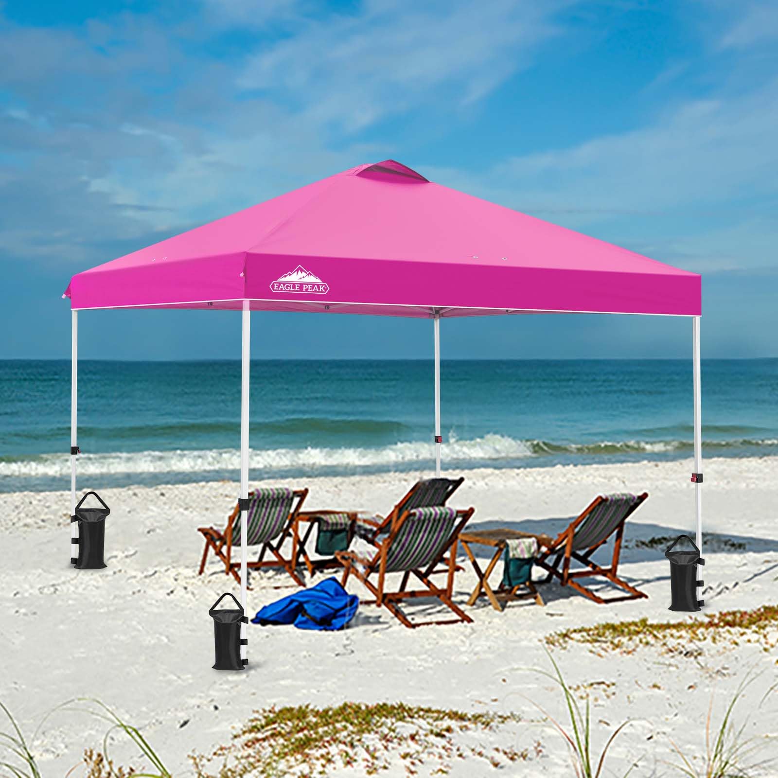 EAGLE PEAK 10x10 ft Pop Up Canopy Tent with Wheeled Carry Bag - Portable Instant Shelter for Outdoor Events, Beach, Camping & Backyard - Includes 8 Stakes, 4 Ropes & 4 Weight Bags - Easy Setup Pink Shade Canopy (100 sq ft Coverage)