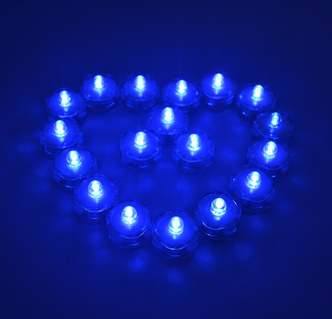 Waterproof LED Tea Lights - Submersible Wedding & Party Decorations, Blue Flower Shape Battery Candles (24 Pack) for Centerpieces, Underwater Lighting, Pool & Vase Displays