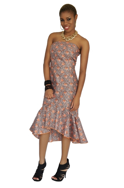 Stylish Grey & Orange Strapless African Print Dress DP2941 - Perfect for Summer Parties, Beach Vacations & Cultural Events