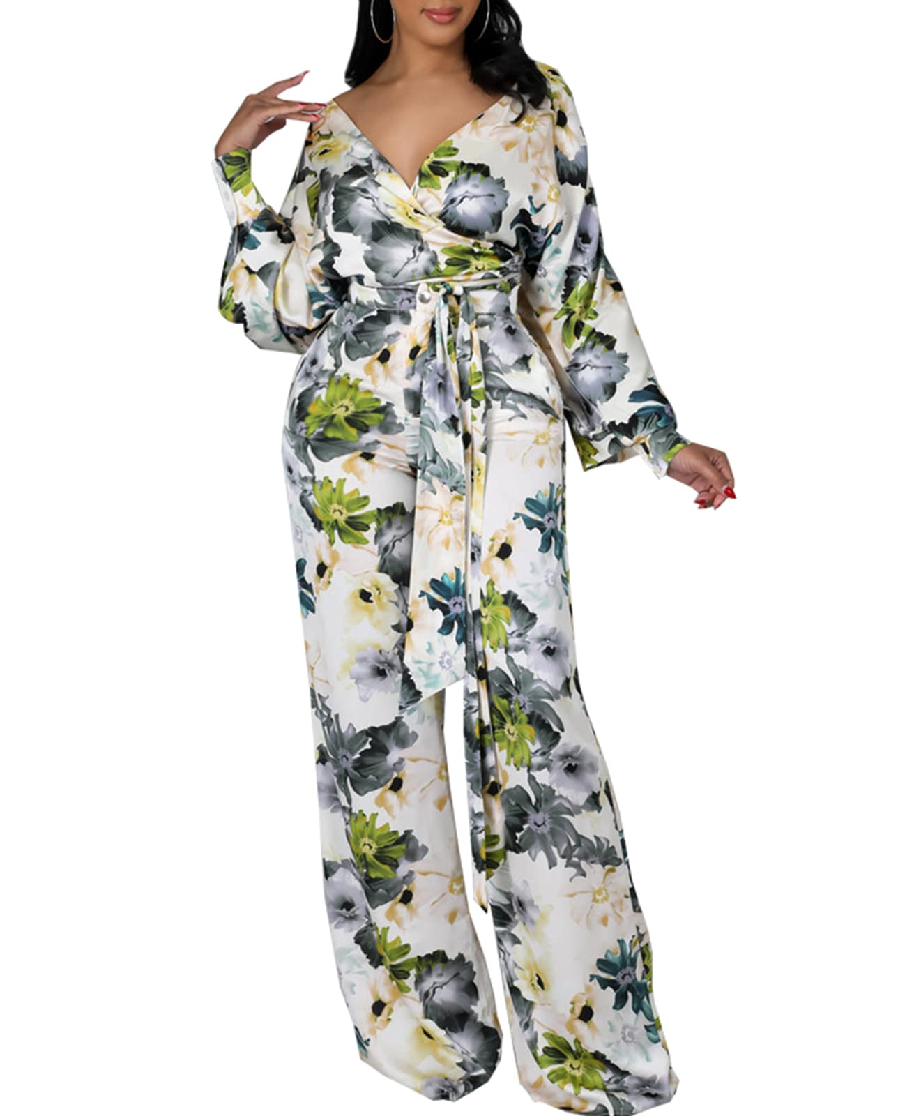2-Piece Women's Fashion Outfit - Sexy Bodycon Long Sleeve Shirt & Pants Set with Floral Print | Perfect for Date Night, Party Wear & Casual Jumpsuits