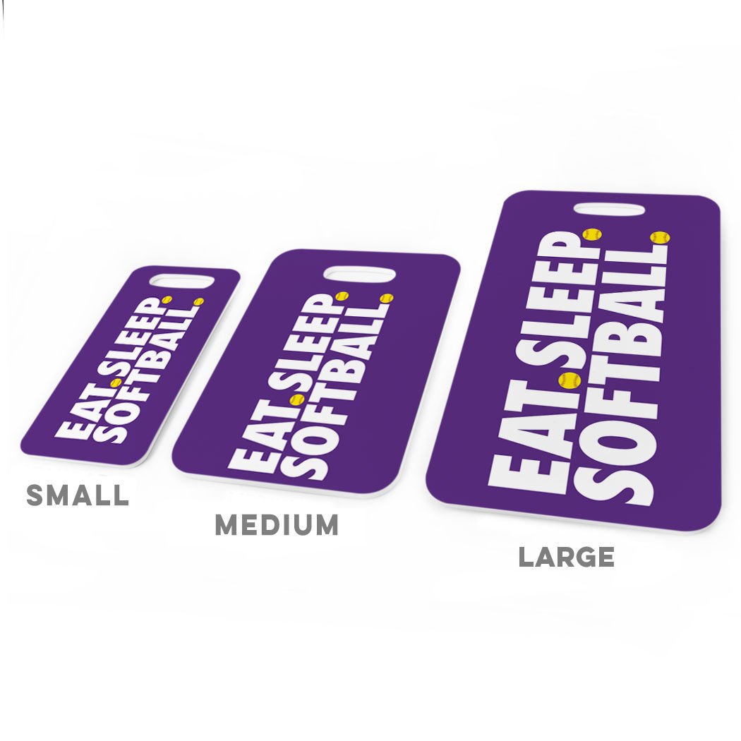 Custom Purple Softball Luggage Tag - Personalized Name & Info on Back - Perfect for Travel, Sports Gear & Softball Tournaments - Eat Sleep Softball Design