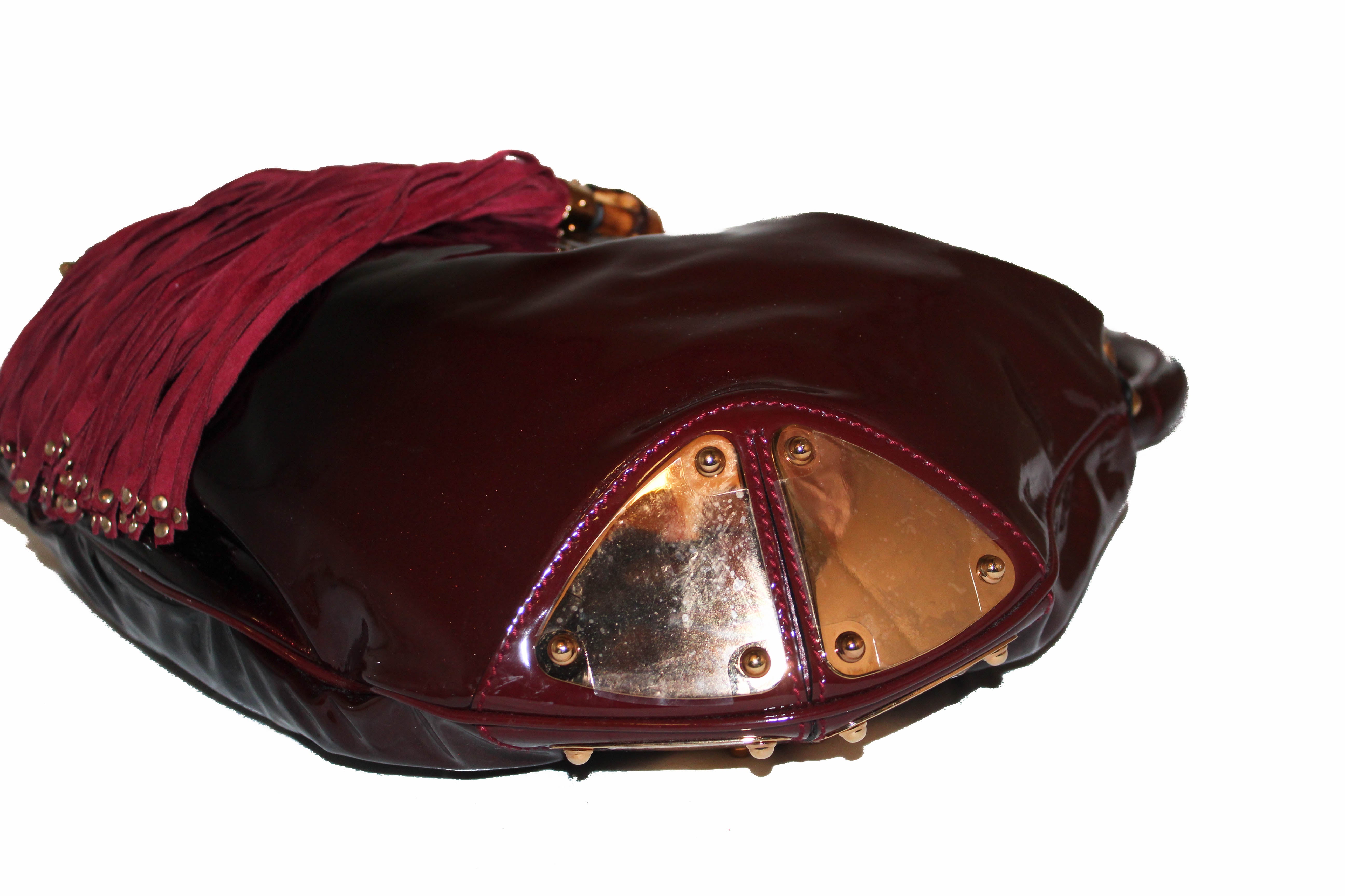 Authentic Gucci Burgundy Patent Leather Babouska Shoulder Tote Bag for Women - Luxury Designer Handbag for Work, Travel & Evening Events