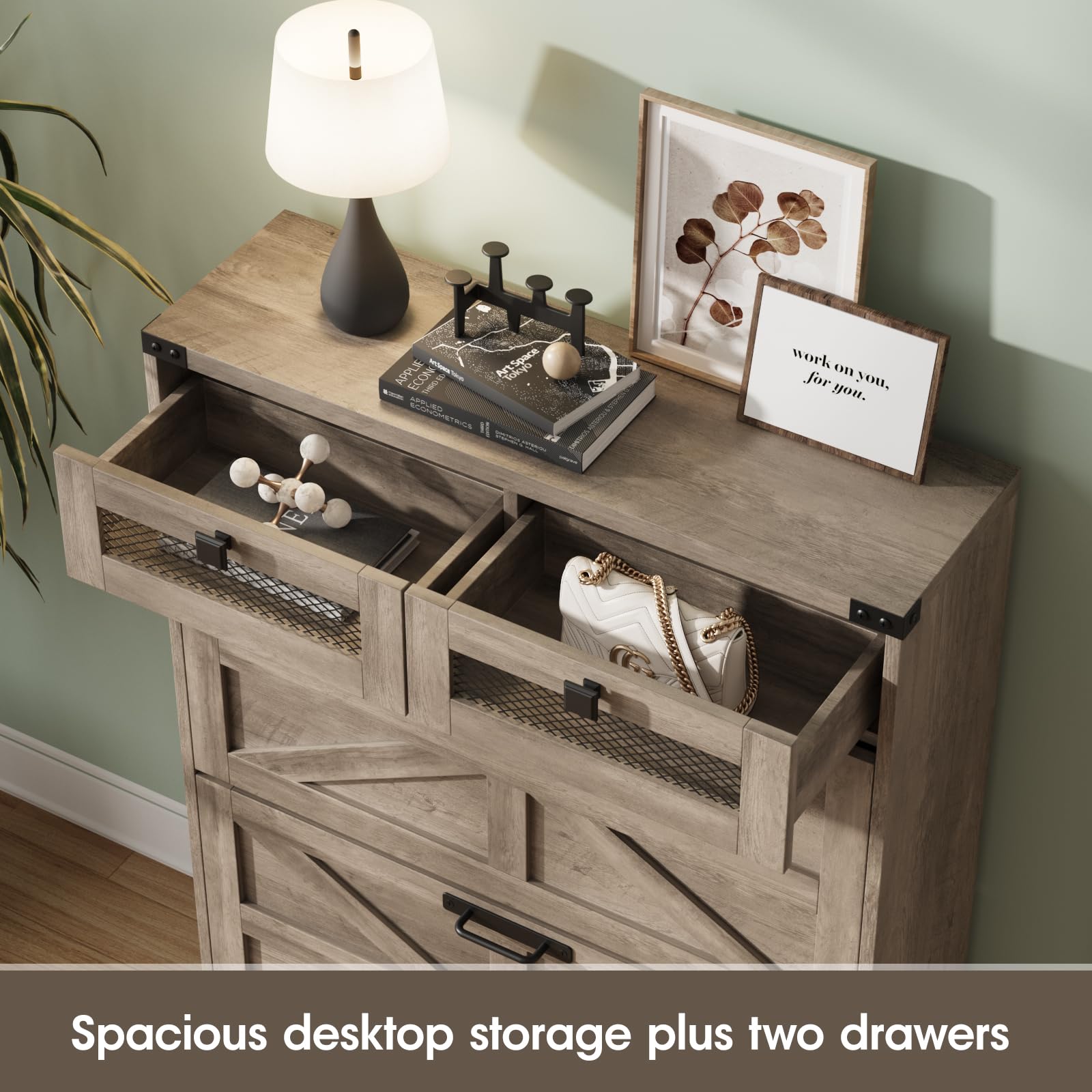 Farmhouse Shoe Storage Cabinet with 2 Flip Drawers & 2 Drawers - Narrow Freestanding Entryway Shoe Rack for Hallway, Living Room or Bedroom Organization - Grey Wooden Shoe Cabinet for Small Spaces