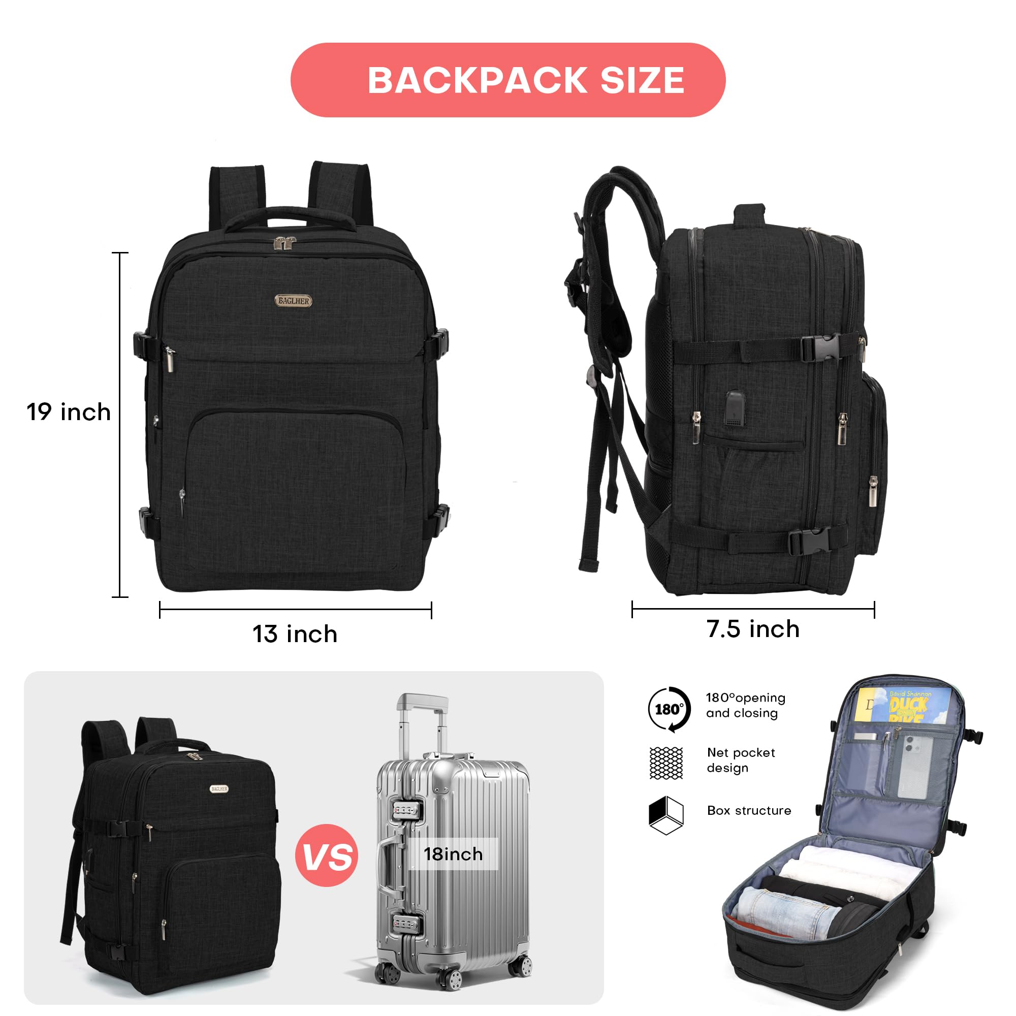 BAGLHER Travel Backpack for Men & Women - Waterproof Carry On Laptop Backpack with USB Charging Port & Shoe Compartment - Flight Approved Business Backpack for Air Travel, Hiking, Commuting & Outdoor Adventures (Black)