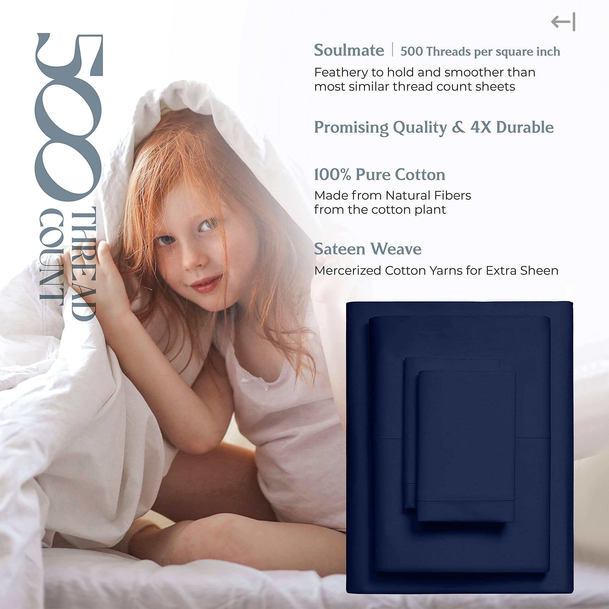 Mayfair Linen 500 Thread Count Twin XL Cotton Sheets - 3 Piece Bed Sheet Set, Ultra Soft & Cooling Sateen Weave, Navy Blue, Hotel Quality with 16