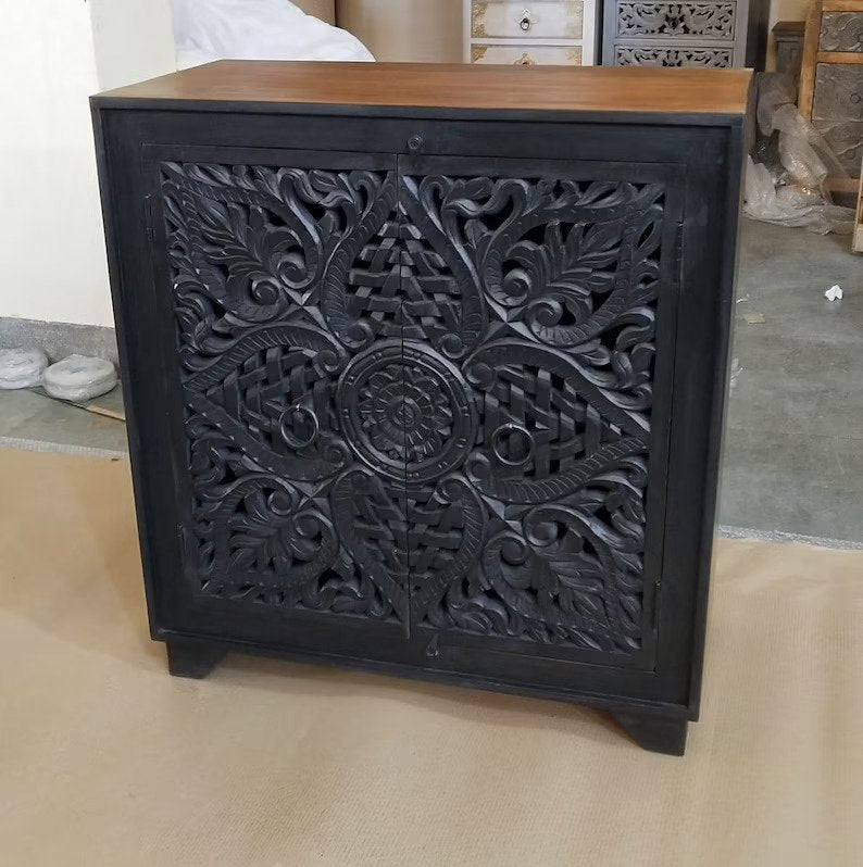 Exquisite Hand-Carved Indian Wooden Cabinet - Traditional Solid Wood Storage Furniture with Ornate Doors | Perfect for Living Room Decor, Bedroom Storage & Ethnic Home Décor
