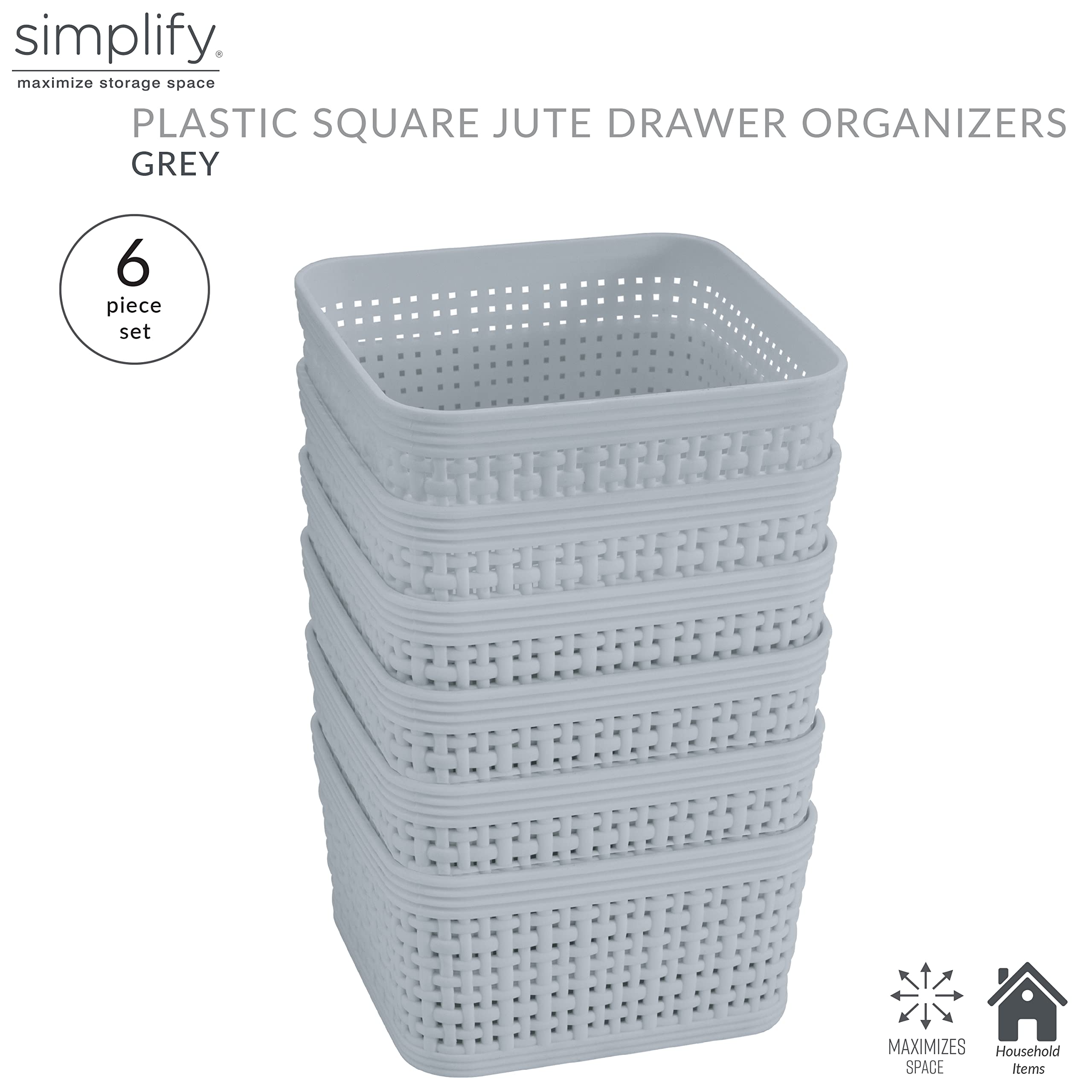 Simplify 6-Pack Square Storage Bins - Multipurpose Organizing Set for Office, Desk, Dorm & Bathroom | Small Items & Accessories Storage Baskets in Grey | Perfect for Home Organization & Clutter Control