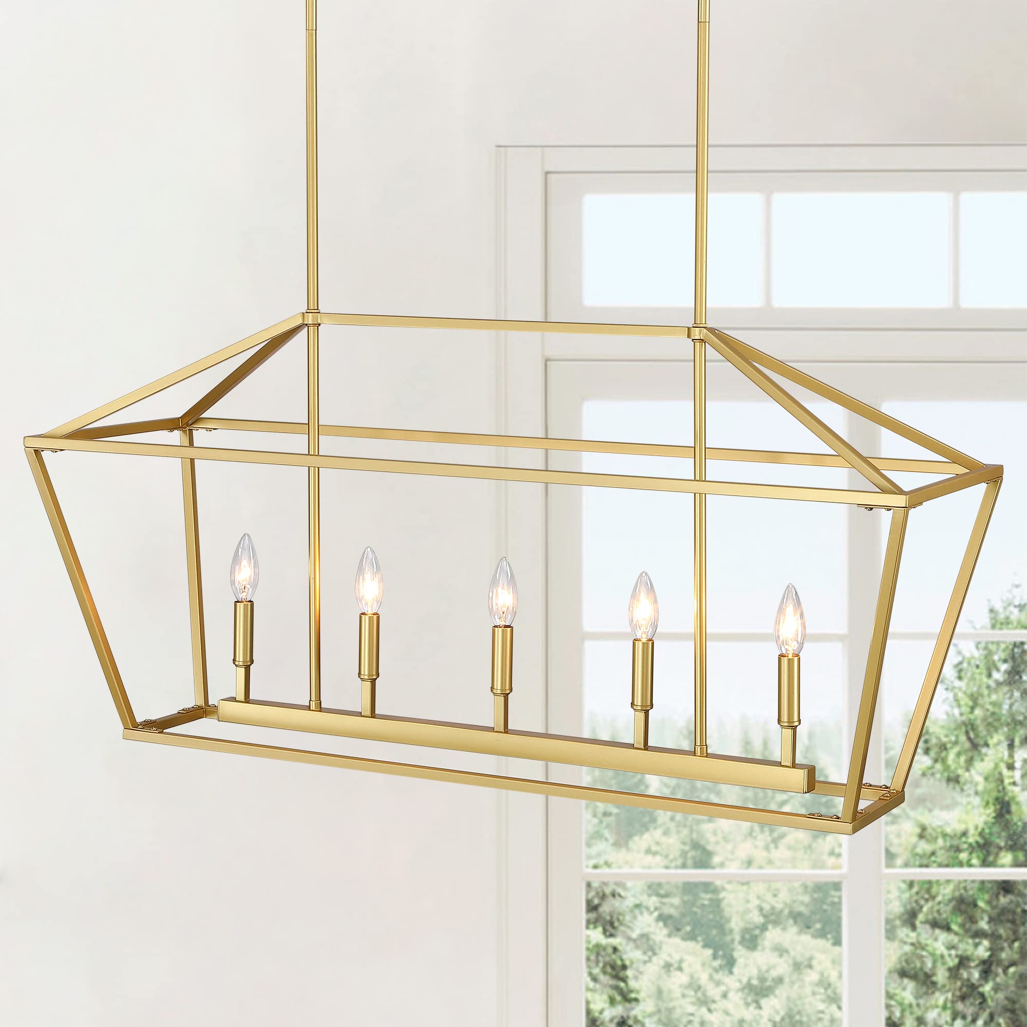 Untrammelife 5-Light Gold Modern Linear Chandelier - Adjustable Kitchen Island Pendant Lighting with Rectangle Lantern Design for Dining Table & Countertop | Perfect for Farmhouse, Contemporary Kitchens & Restaurant Decor
