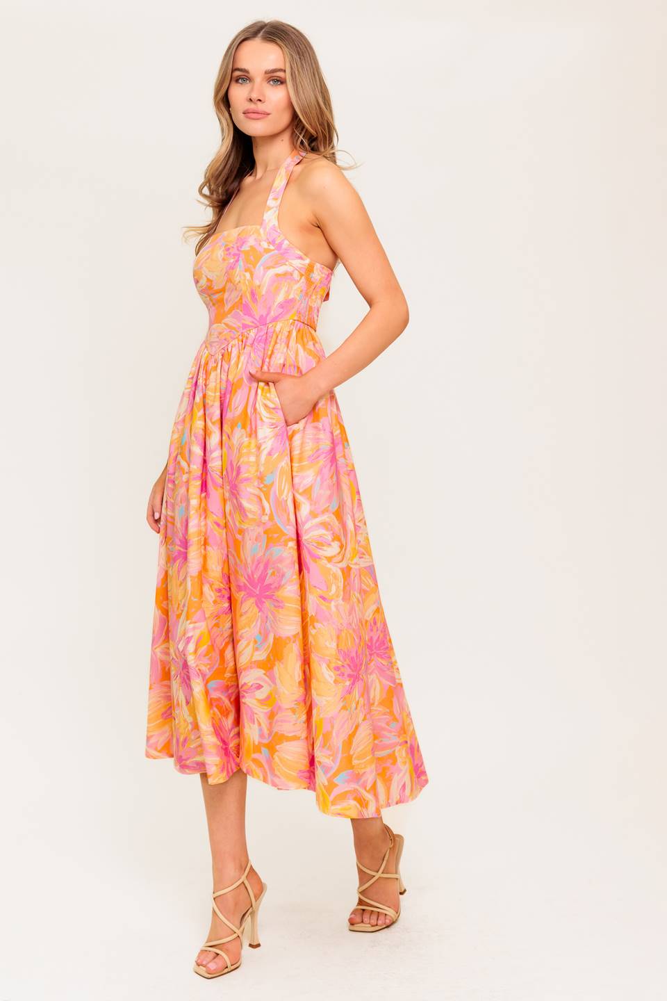 Morning Sun Halter Tie Midi Dress in Coral - Perfect for Summer Beach Vacations, Pool Parties & Casual Outings